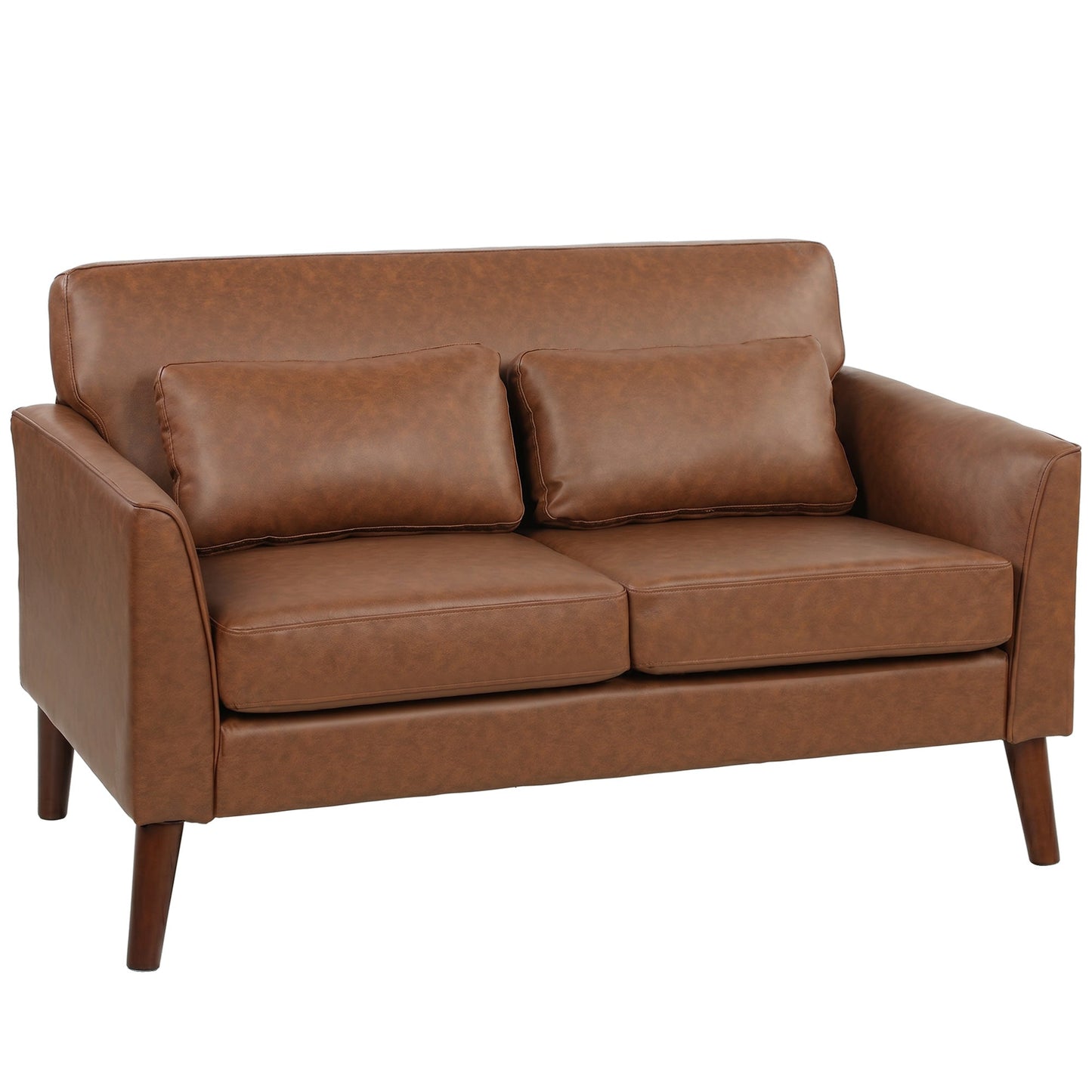 2 Seater Sofa, 132 cm Modern Small Sofa, PU Leather Upholstered Loveseat with Solid Wood Legs and 2 Pillows, Couch Settee for Small Space, Living Room, Bedroom, Home Office, Brown