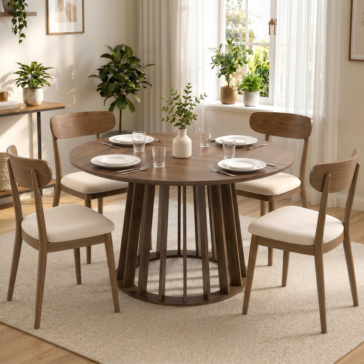 120 cm Round Dining Table for 4-6 People, Modern Kitchen Table with Slatted and Heavy Duty Pedestal Base for Dining Room, Kitchen, Living Room, Light Walnut