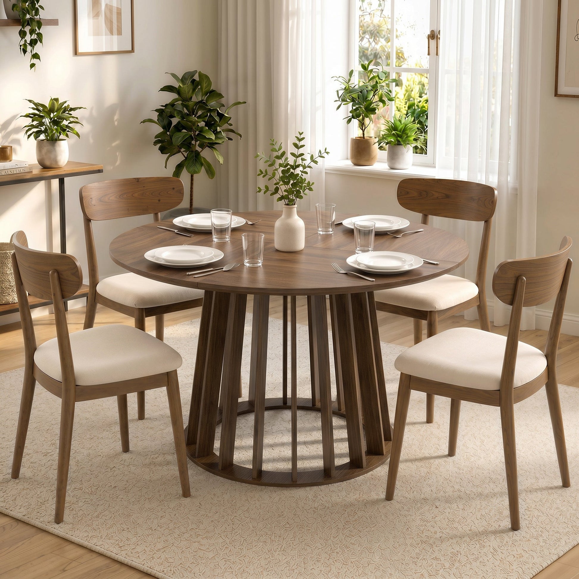120 cm Round Dining Table for 4-6 People, Modern Kitchen Table with Slatted and Heavy Duty Pedestal Base for Dining Room, Kitchen, Living Room, Light Walnut