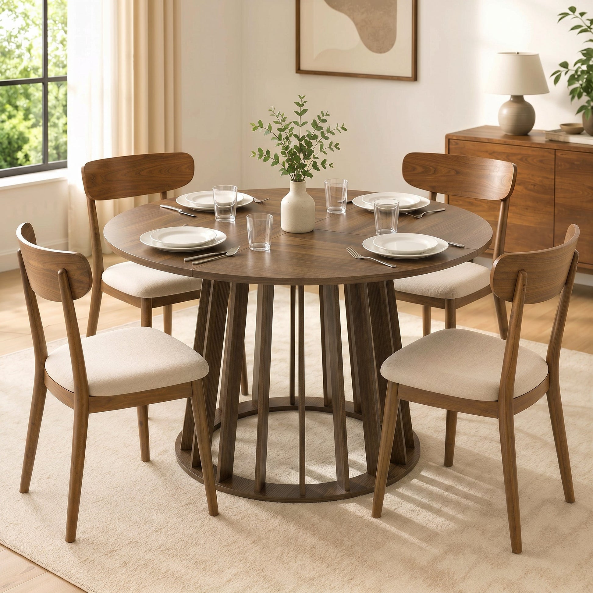 120 cm Round Dining Table for 4-6 People, Modern Kitchen Table with Slatted and Heavy Duty Pedestal Base for Dining Room, Kitchen, Living Room, Light Walnut