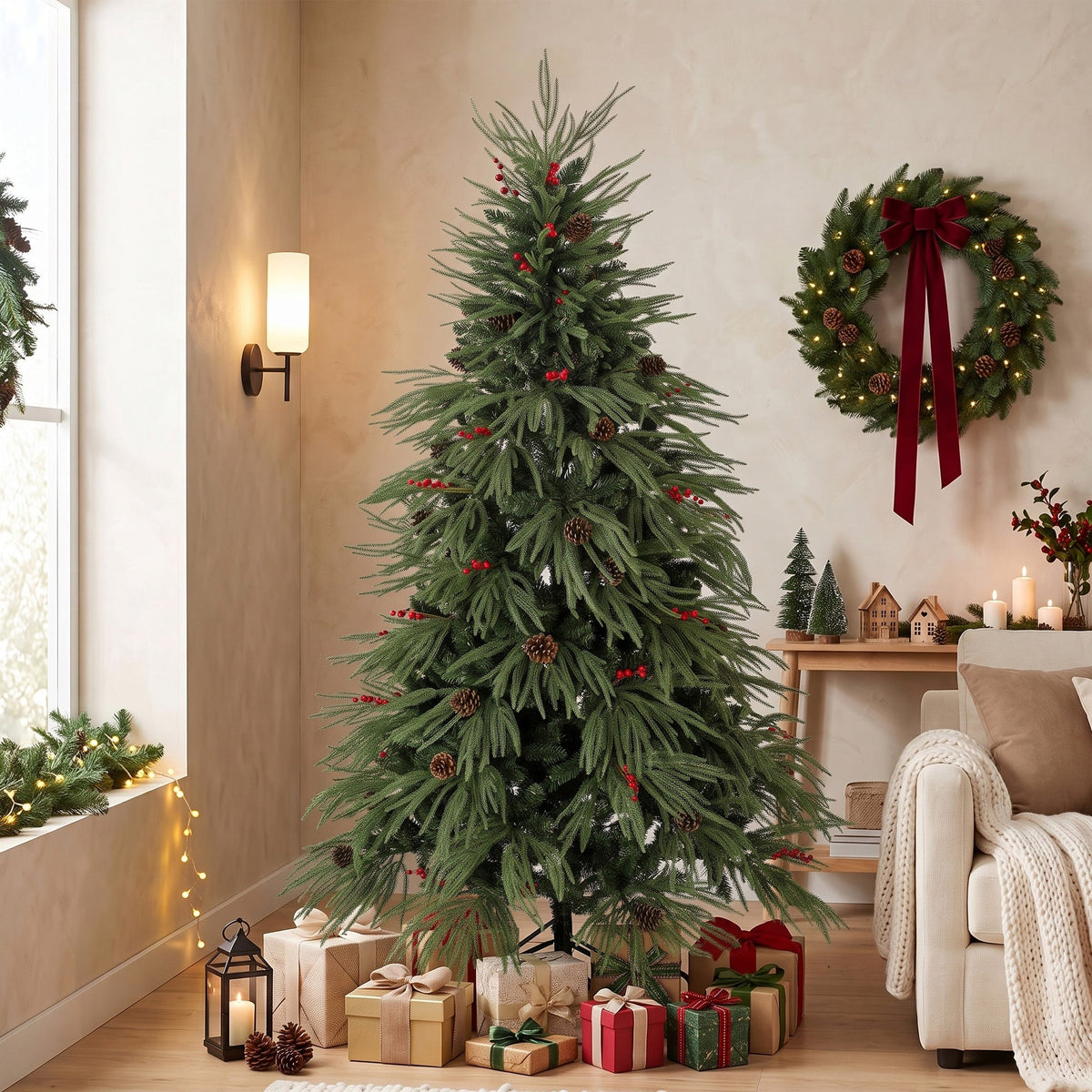 6ft Artificial Christmas Tree with Pinecones, Red Berries, Hinged Predecorated Xmas Tree with 2843 Branch Tips, Foldable Metal Base for Home Office Holiday Decoration, Green