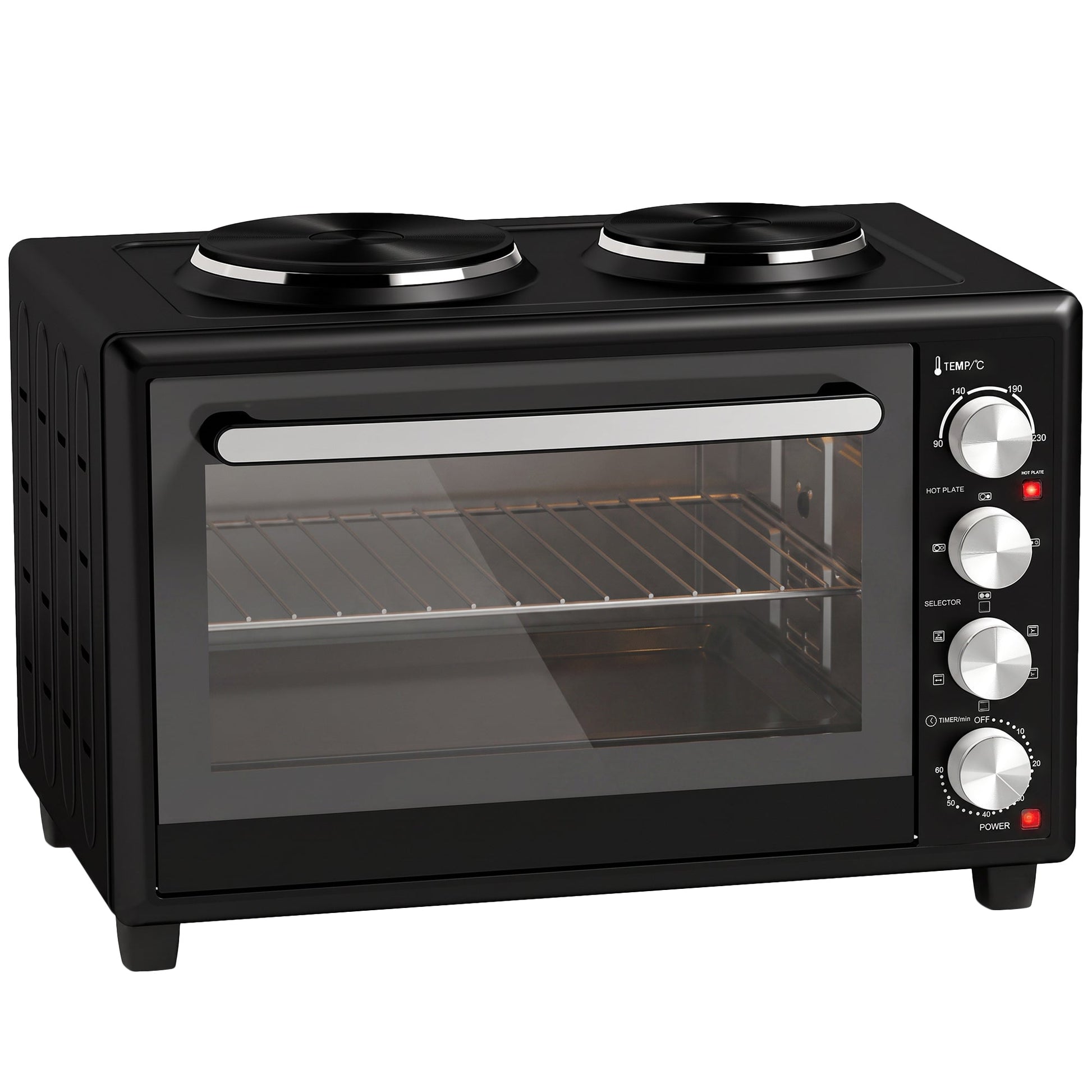 46L Mini Oven with Dual Hot Plates, Electric Countertop Cooker with Convection, 90–230°C Adjustable Temperature, 60 Minute Timer, Portable Oven with Wire Rack & Baking Tray, 1800W, Black