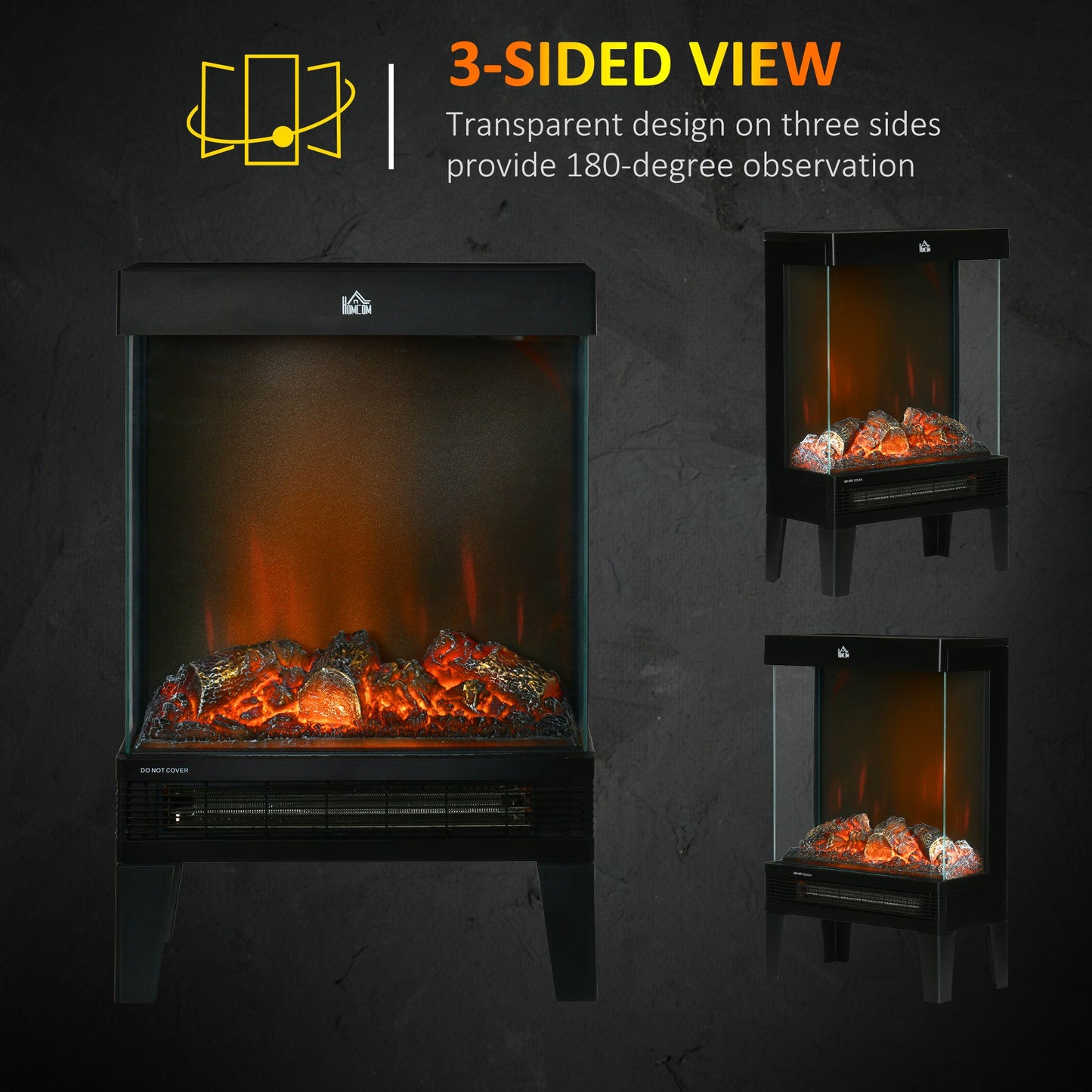 180° Charming Electric Fireplace Heater, Quiet Freestanding Stove with LED Flame Effect, Level-less Temperature Control, Overheating Protection, 1000W/2000W, Black
