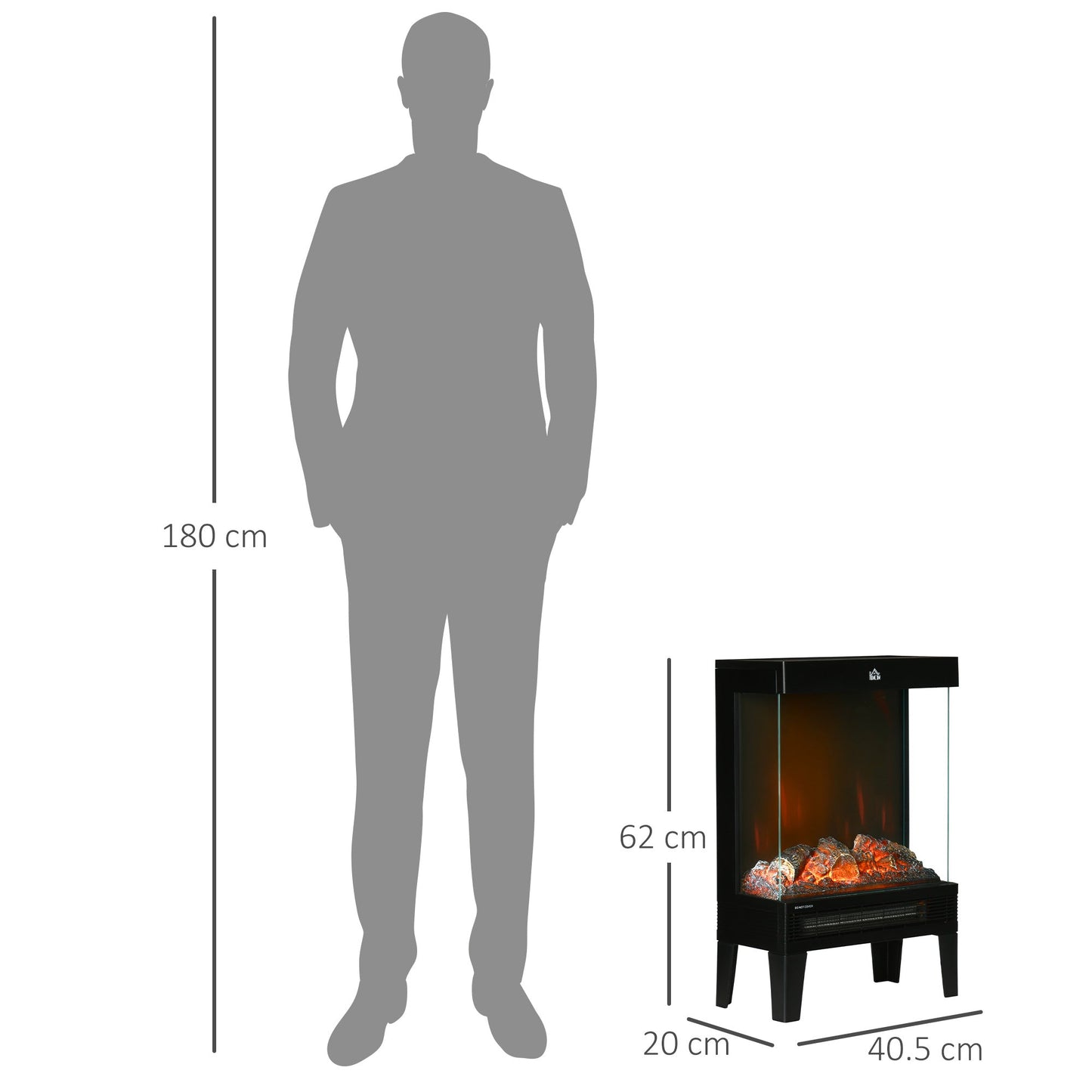 180° Charming Electric Fireplace Heater, Quiet Freestanding Stove with LED Flame Effect, Level-less Temperature Control, Overheating Protection, 1000W/2000W, Black