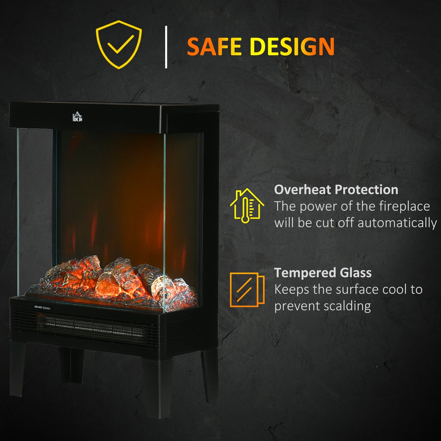 180° Charming Electric Fireplace Heater, Quiet Freestanding Stove with LED Flame Effect, Level-less Temperature Control, Overheating Protection, 1000W/2000W, Black