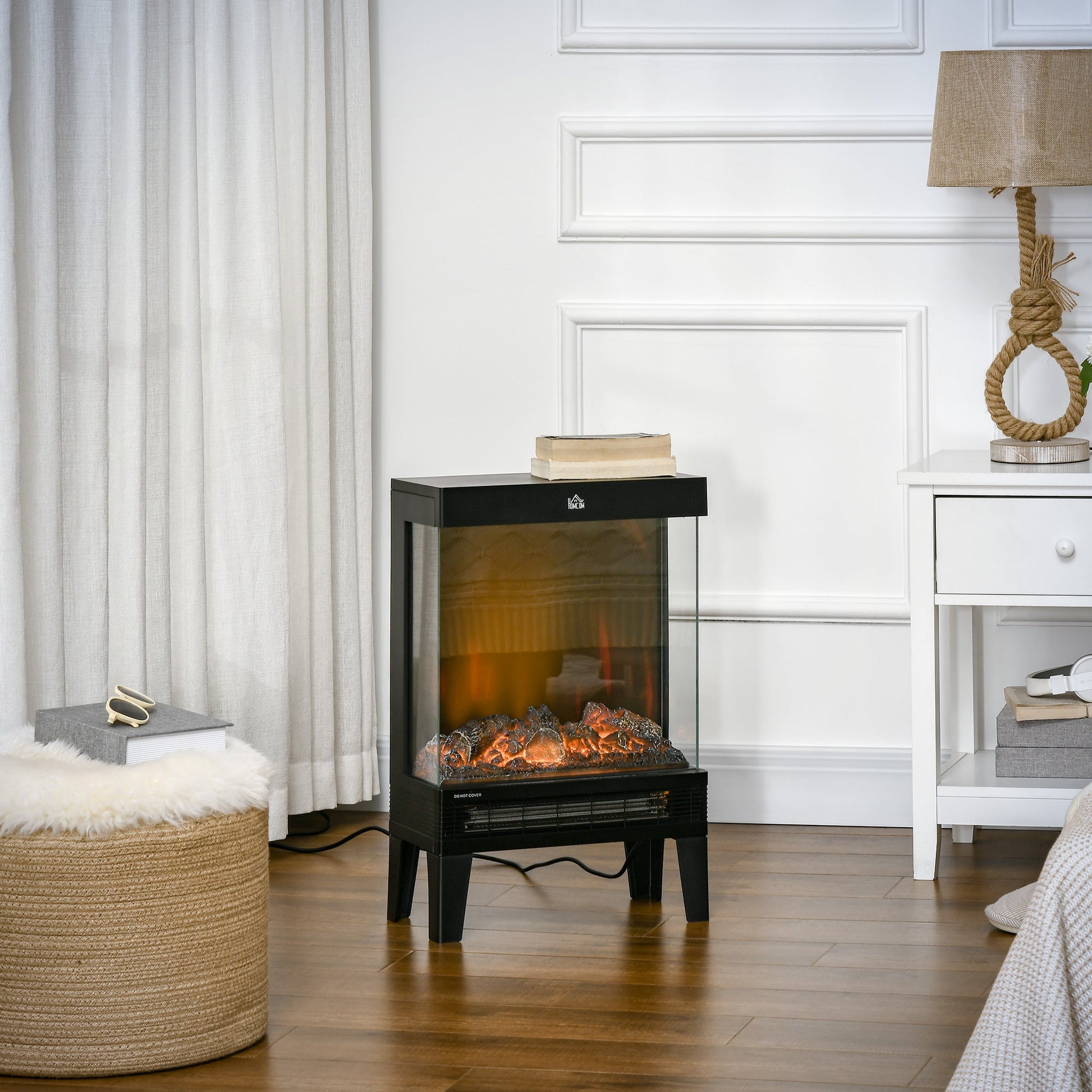180° Charming Electric Fireplace Heater, Quiet Freestanding Stove with LED Flame Effect, Level-less Temperature Control, Overheating Protection, 1000W/2000W, Black