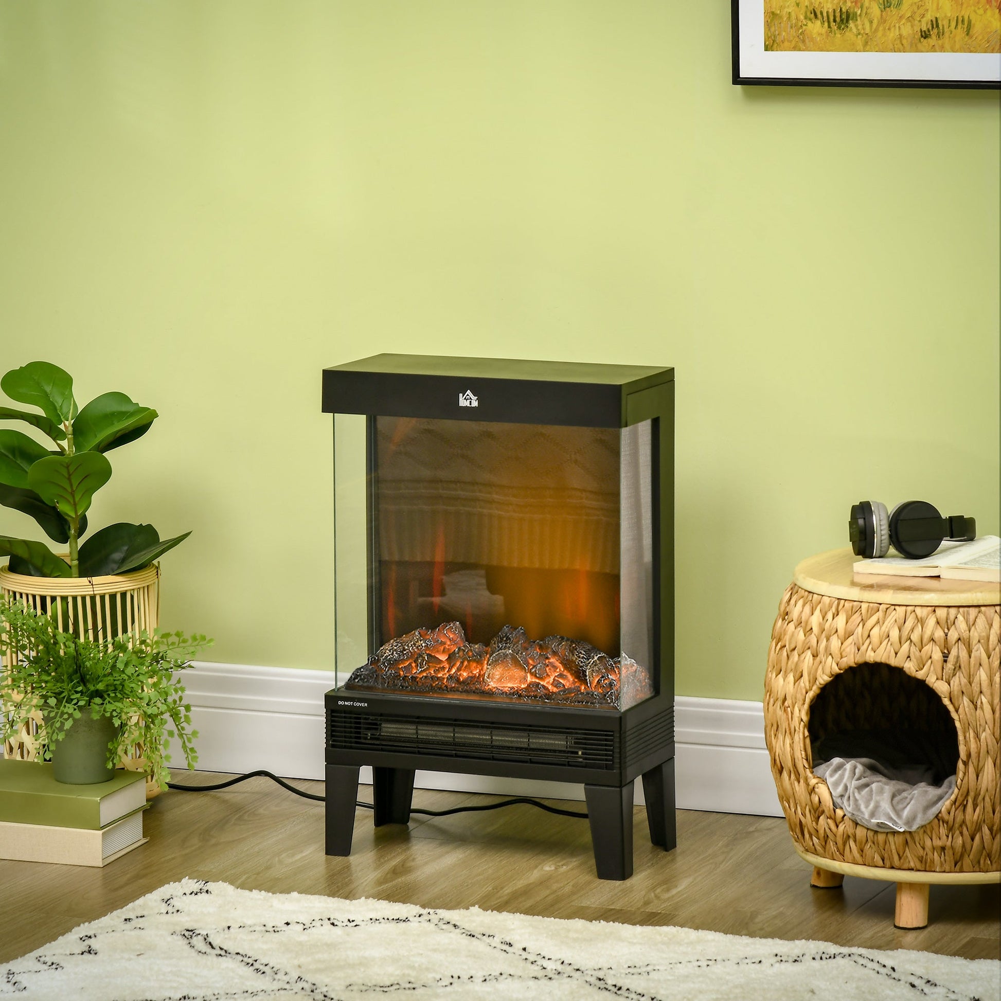 180° Charming Electric Fireplace Heater, Quiet Freestanding Stove with LED Flame Effect, Level-less Temperature Control, Overheating Protection, 1000W/2000W, Black
