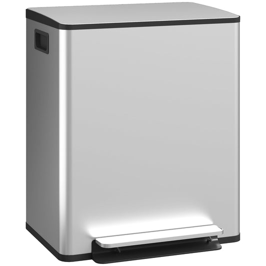 Dual Kitchen Bin, 2 x 25L Stainless Steel Double Pedal Bin with Soft-Close Lid, Removable Inner Buckets and Handles for Recycling and Waste, Silver