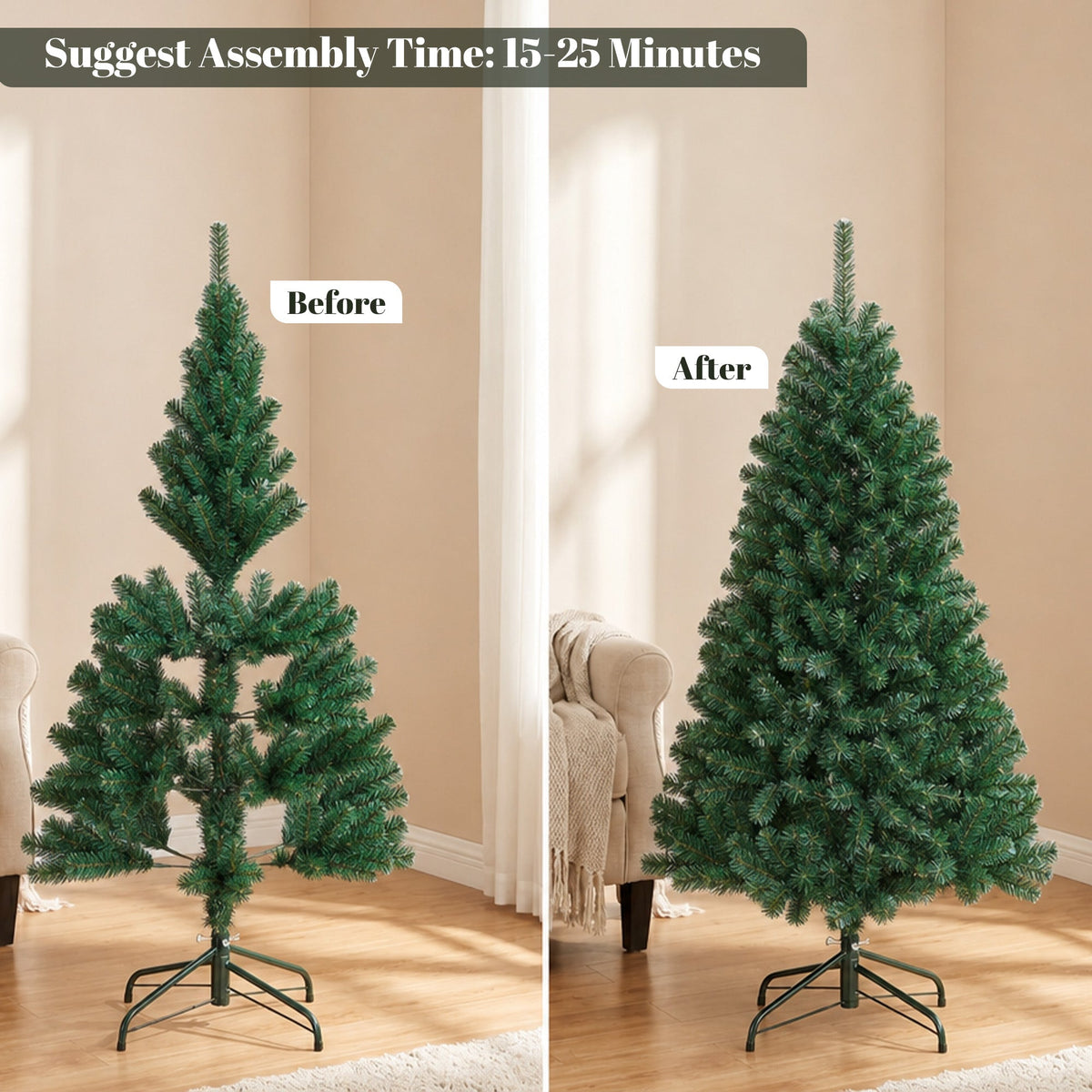 5ft/150cm Artificial Christmas Tree, Fir Hinged Xmas Tree with 420 Branch Tips, Foldable Steel Stand, Easy Assembly for Home Office Holiday Decoration, Green