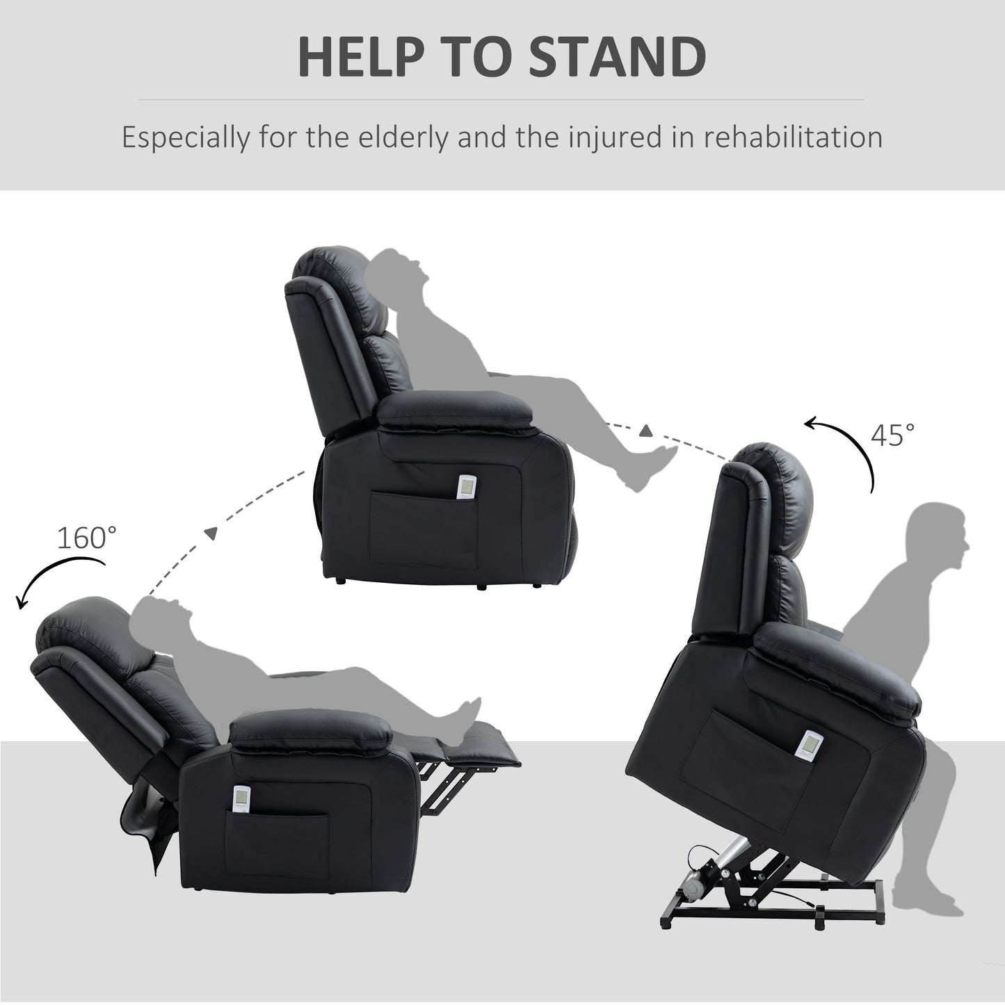 Riser and Recliner Chair with Vibration Massage, PU Leather Power Lift Chair for Elderly with Thick and High Back, Headrest, Removable Armrests, Side Pockets, Electric Lift Armchair, Black