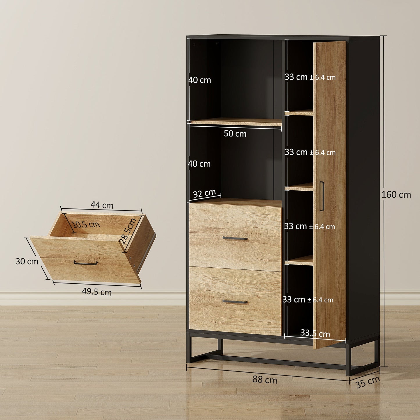 160cm Tall Kitchen Cupboard, Kitchen Pantry Sideboard with 2 Open Shelves, 2 Drawers, Adjustable Shelves and Soft Close Door, Storage Cabinet for Living Room, Dinning Room, Natural Wood Finish