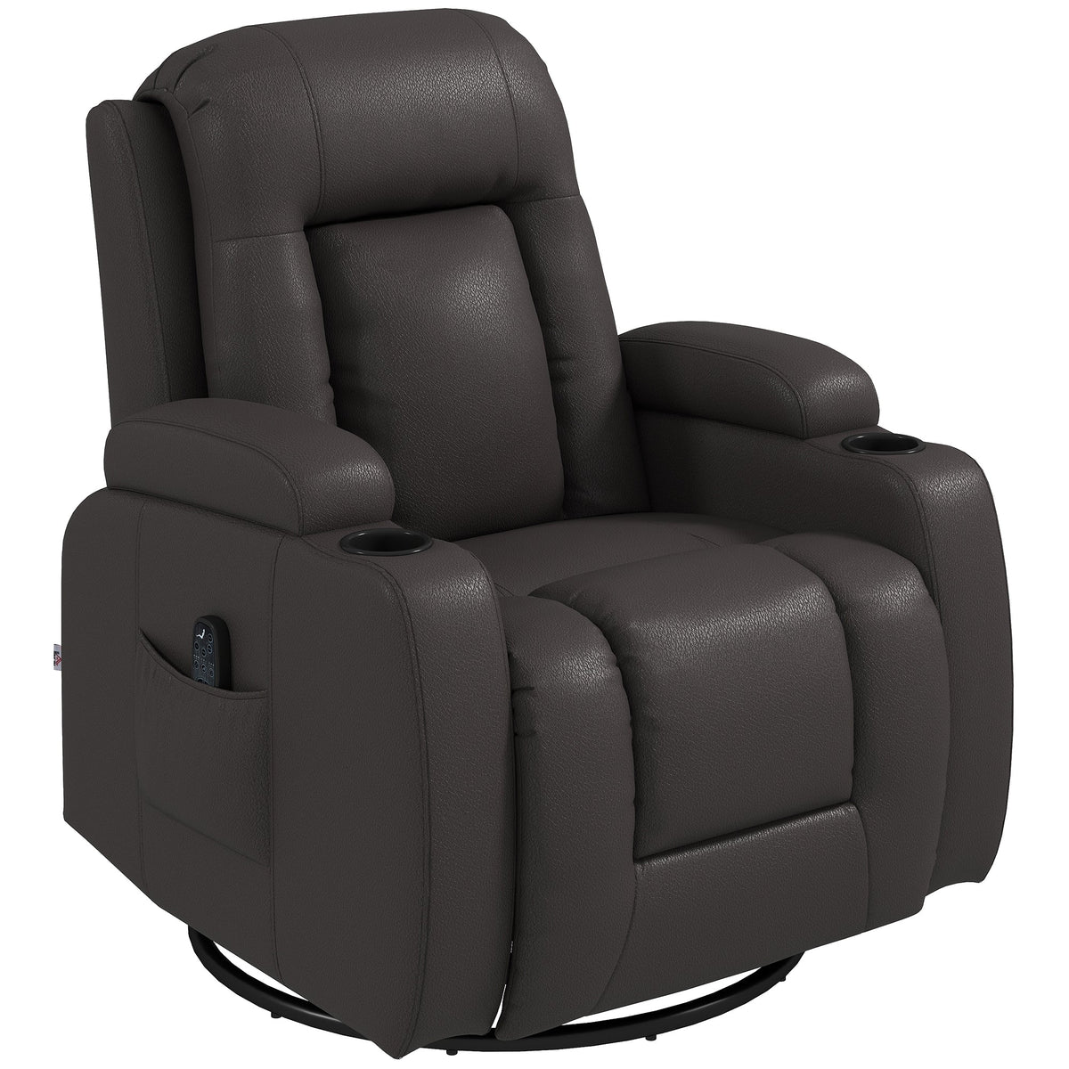 Recliner Armchair with Massage & Heat, Swivel Rocking Recliner Chair with Extended Footrest, Cup Holders and Side Pockets, PU Leather Manual Reclining Chair for Living Room, Dark Brown