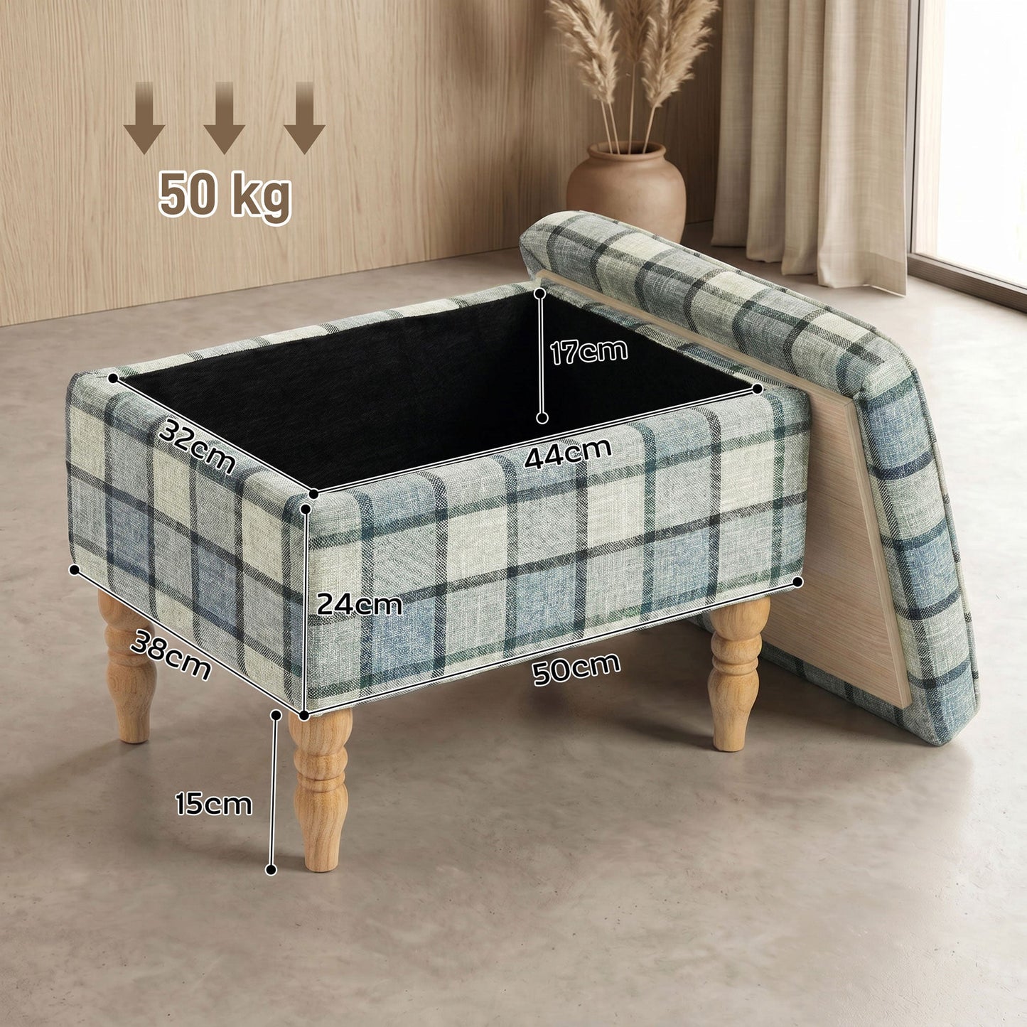 Rectangular Storage Stool, Linen-Look Fabric Upholstered Footstool with Removable Top, Padded Seat and Hidden Space for Living Room, Bedroom, Grey