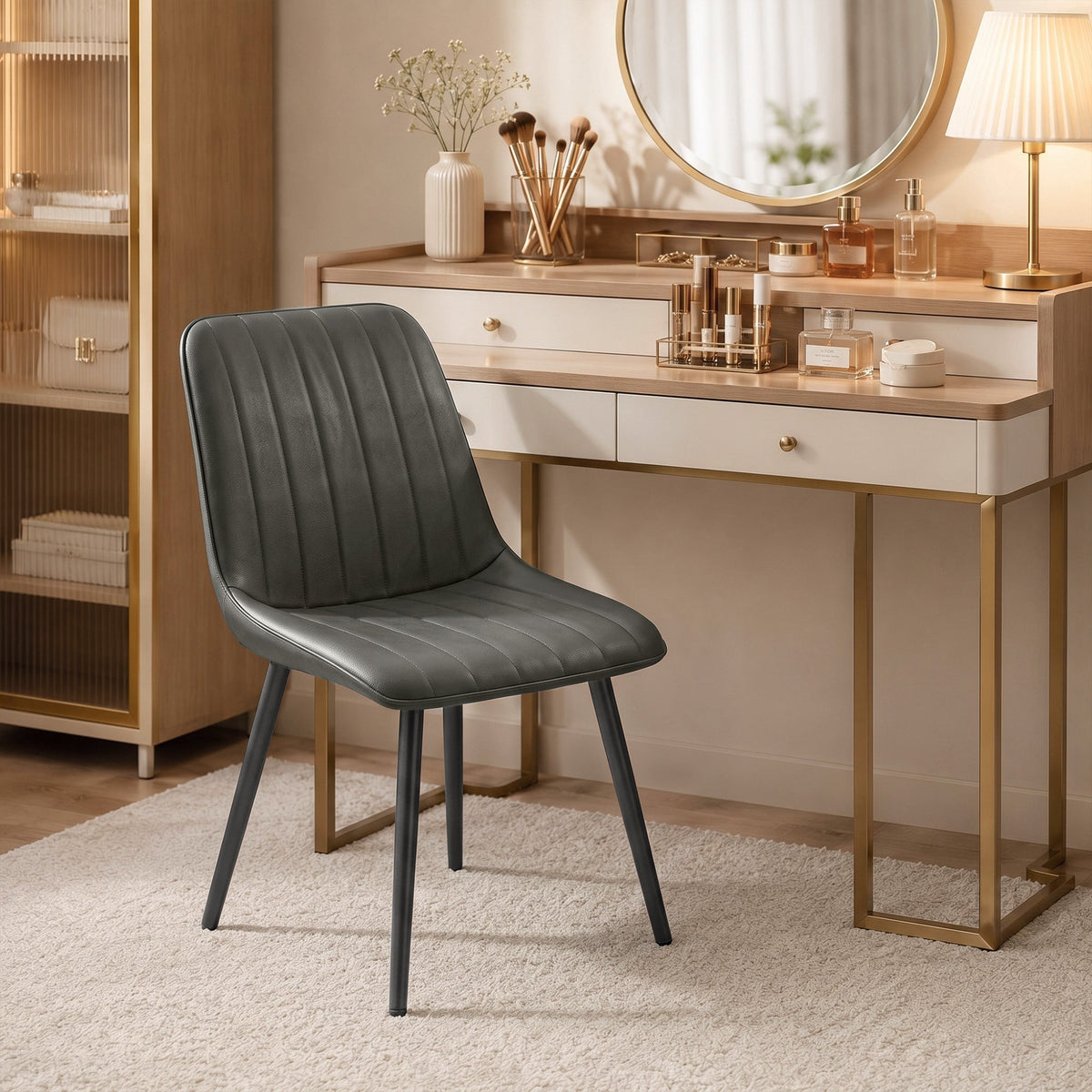 Modern Dining Chairs Set of 2, Curved Faux Leather Upholstered Kitchen Chairs with Metal Legs for Dining Room, Kitchen, Living Room, Grey