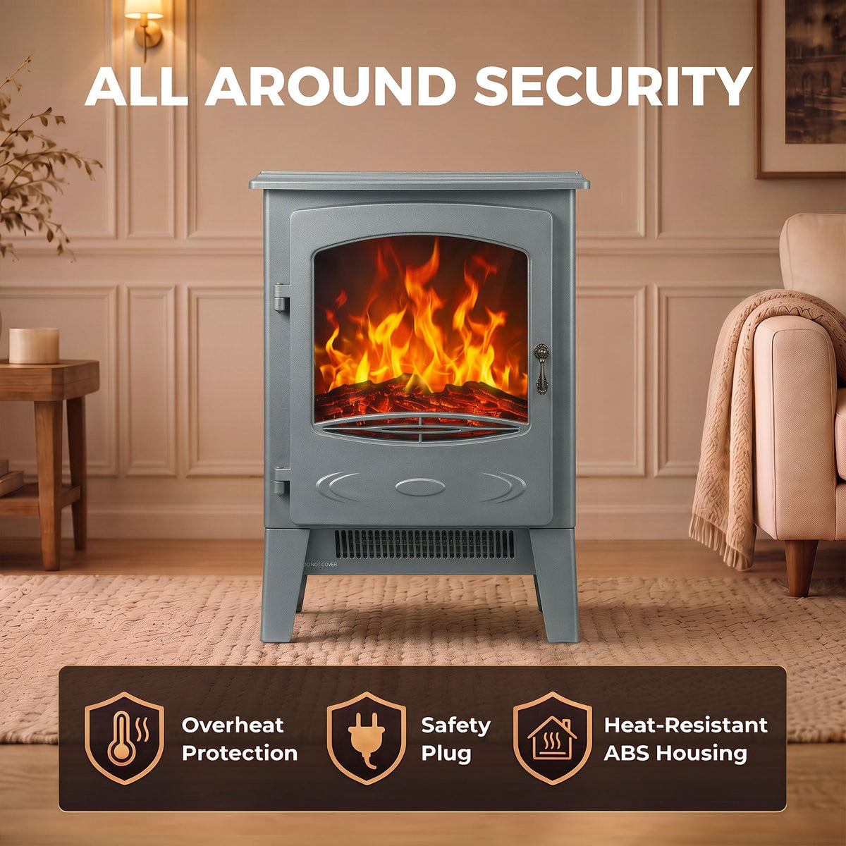 Electric Fireplace Stove, Freestanding Log Burner, 1000W/2000W, Portable Electric Fire Fan Heater with LED Flame Effect, Adjustable Thermostat, Tempered Glass, Overheat Protection， Grey