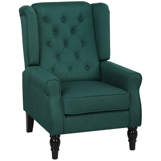 Retro Accent Chair, Linen Wingback Armchair with Wood Frame Button Tufted Design for Living Room Bedroom, Dark Green