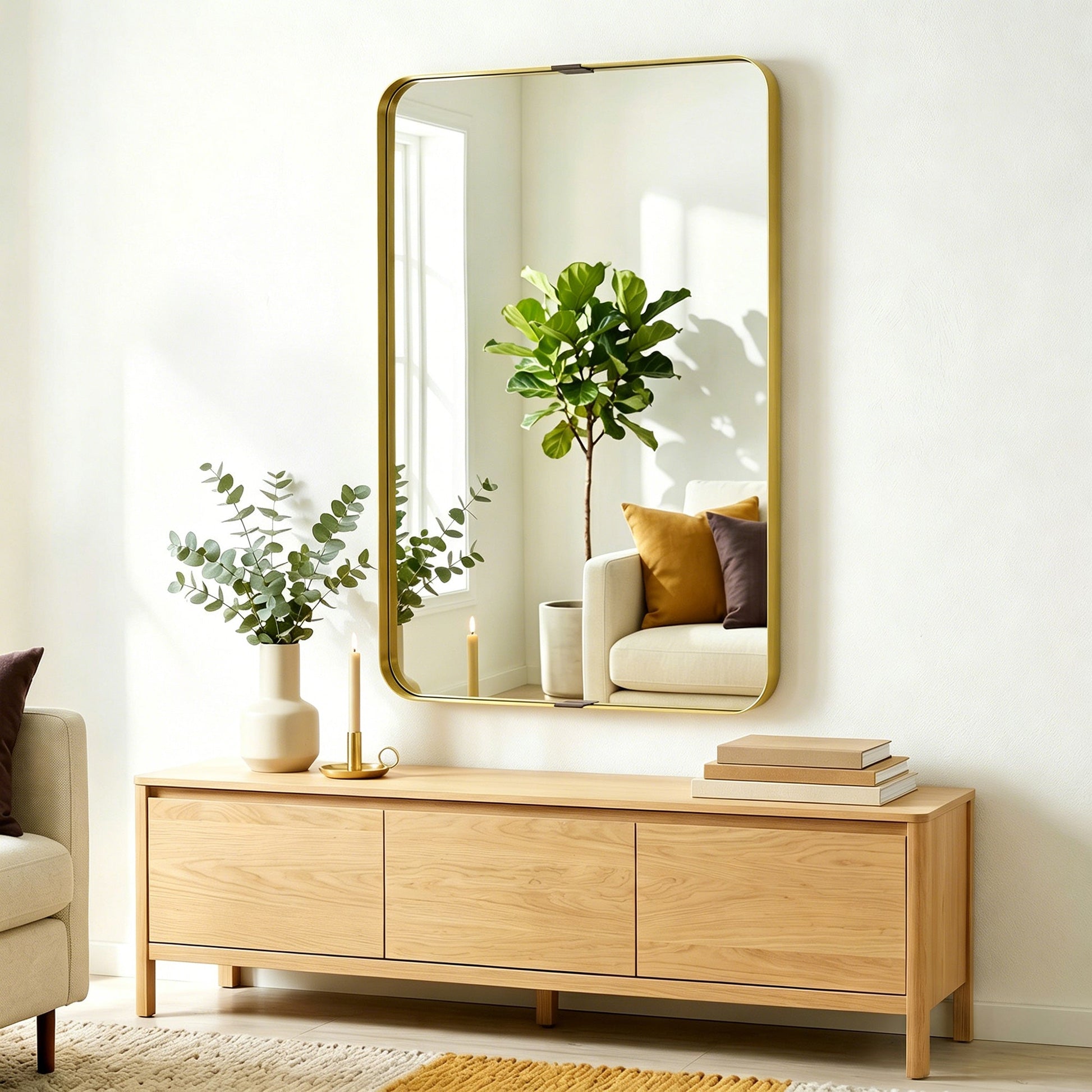 Rectangular Wall Mirror, 90 x 60 cm Wall Mounted Bathroom Mirror with Aluminium Alloy Frame and Tempered Glass for Hallway, Living Room, Bedroom, Gold Tone