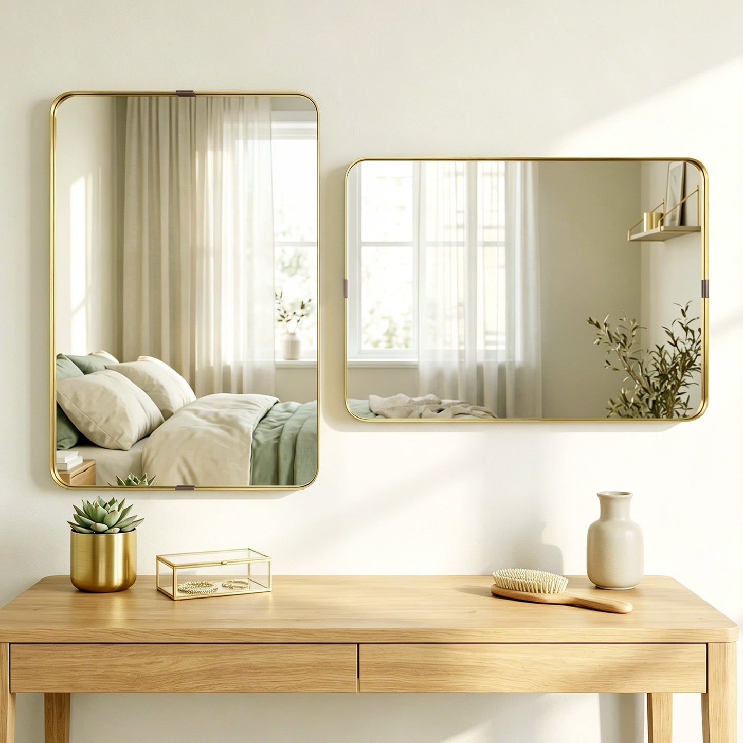 Rectangular Wall Mirror, 90 x 60 cm Wall Mounted Bathroom Mirror with Aluminium Alloy Frame and Tempered Glass for Hallway, Living Room, Bedroom, Gold Tone