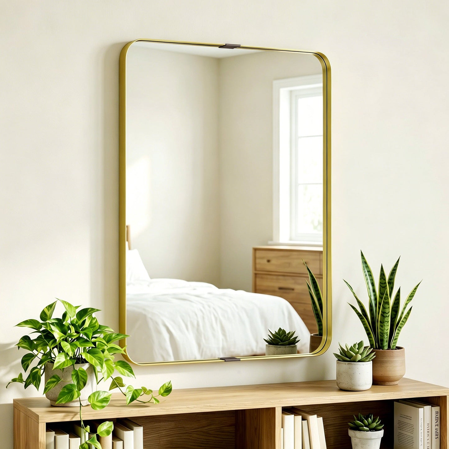 Rectangular Wall Mirror, 90 x 60 cm Wall Mounted Bathroom Mirror with Aluminium Alloy Frame and Tempered Glass for Hallway, Living Room, Bedroom, Gold Tone