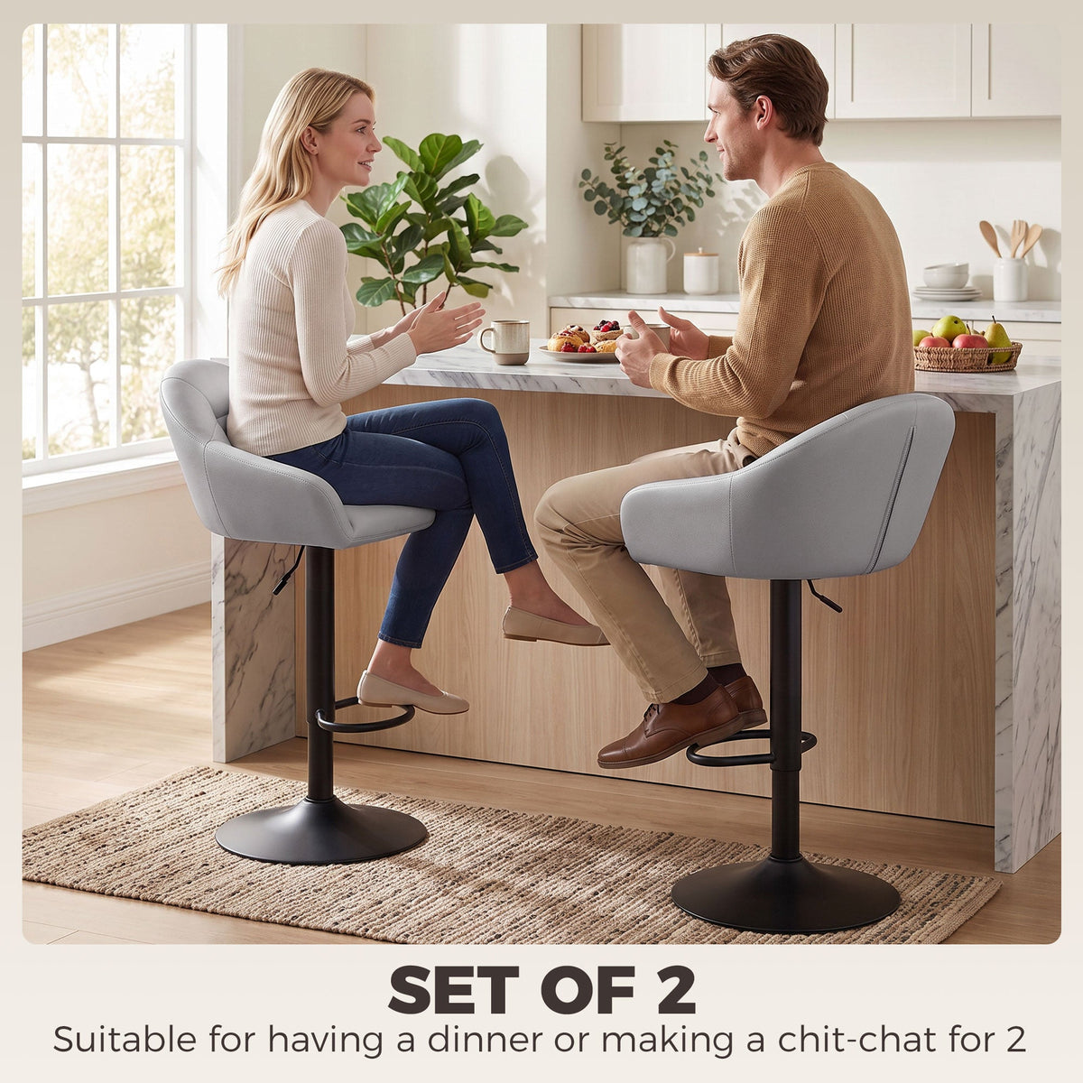 Breakfast Bar Stools Set of 2, Modern Faux Leather Swivel Barstools, Adjustable Counter Height Bar Chairs with Backrest, Arm, Footrest for Kitchen Island, Dining Room, Bar, Grey