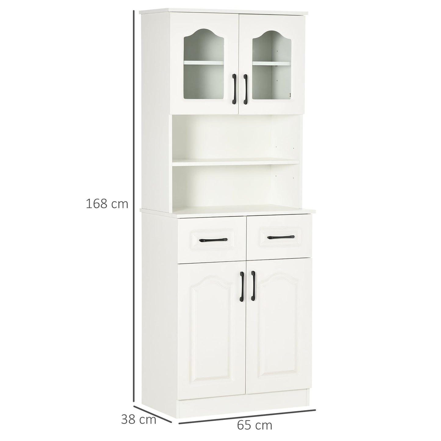Kitchen Cupboard, Freestanding Storage Cabinet with 2 Adjustable Shelves, 2 Drawers and Open Counter for Living Room, Dining Room, 168cm, White