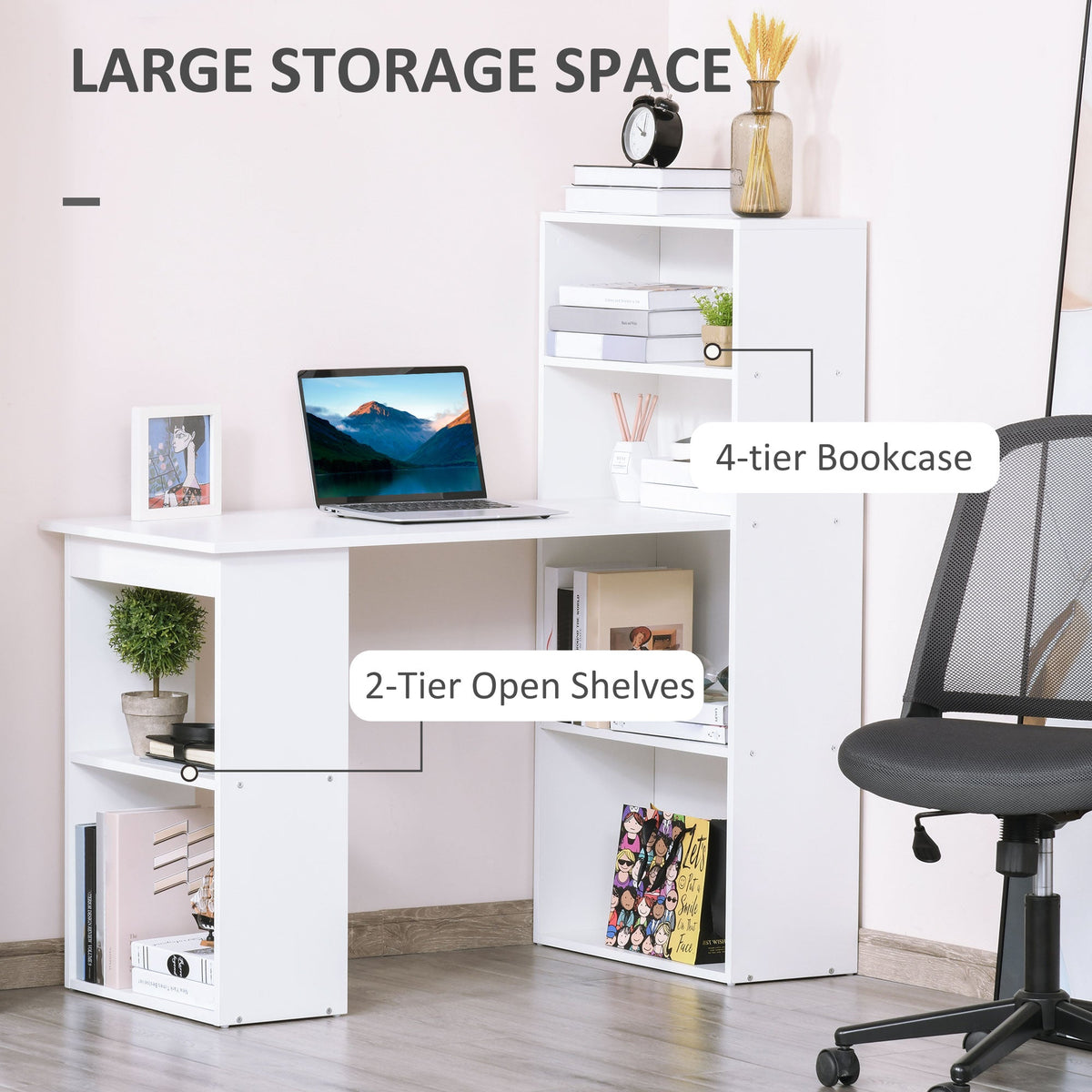 HOMCOM 120cm Modern Computer Desk Bookshelf Study Table Workstation PC Laptop Writing Home Office 6 Shelves White