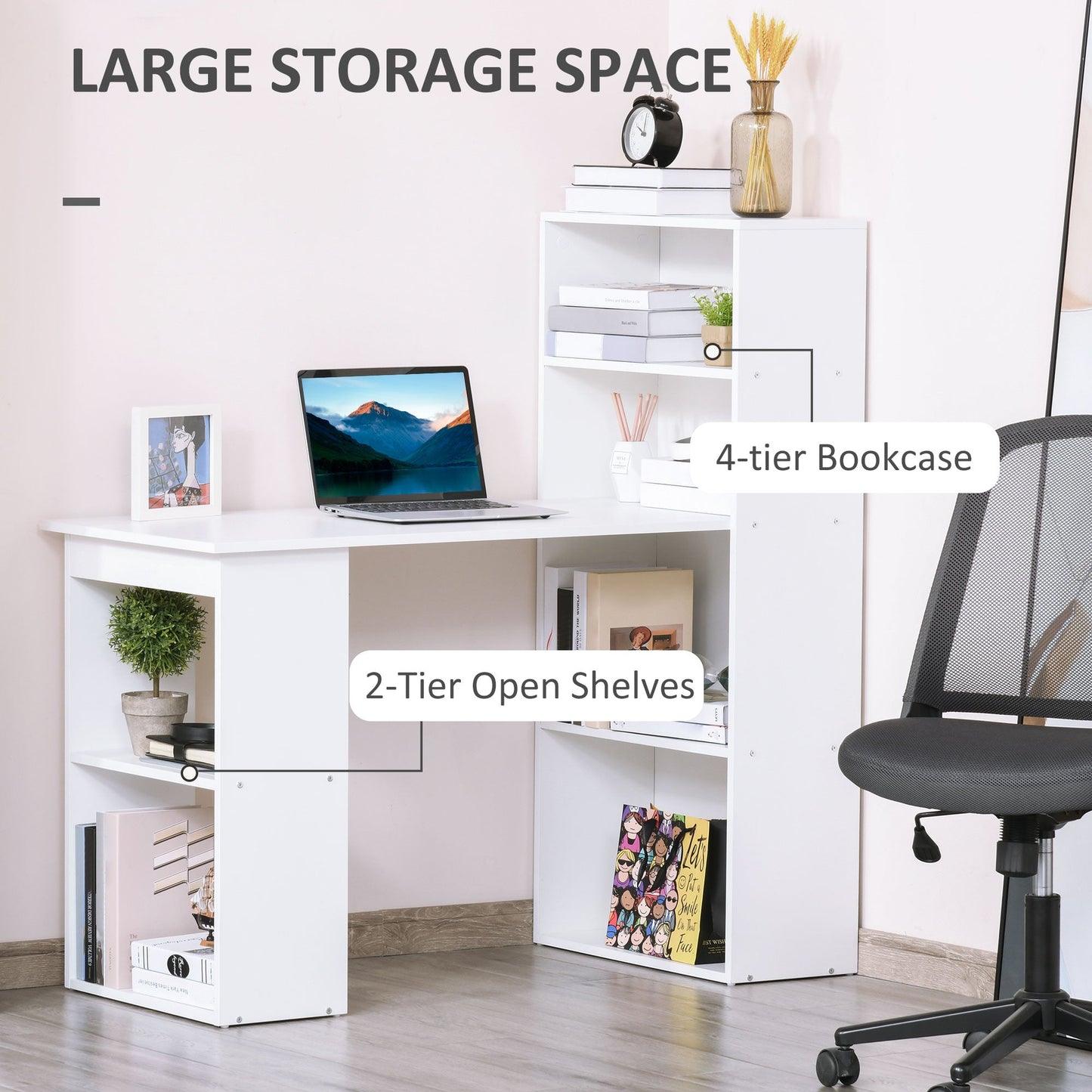 HOMCOM 120cm Modern Computer Desk Bookshelf Study Table Workstation PC Laptop Writing Home Office 6 Shelves White