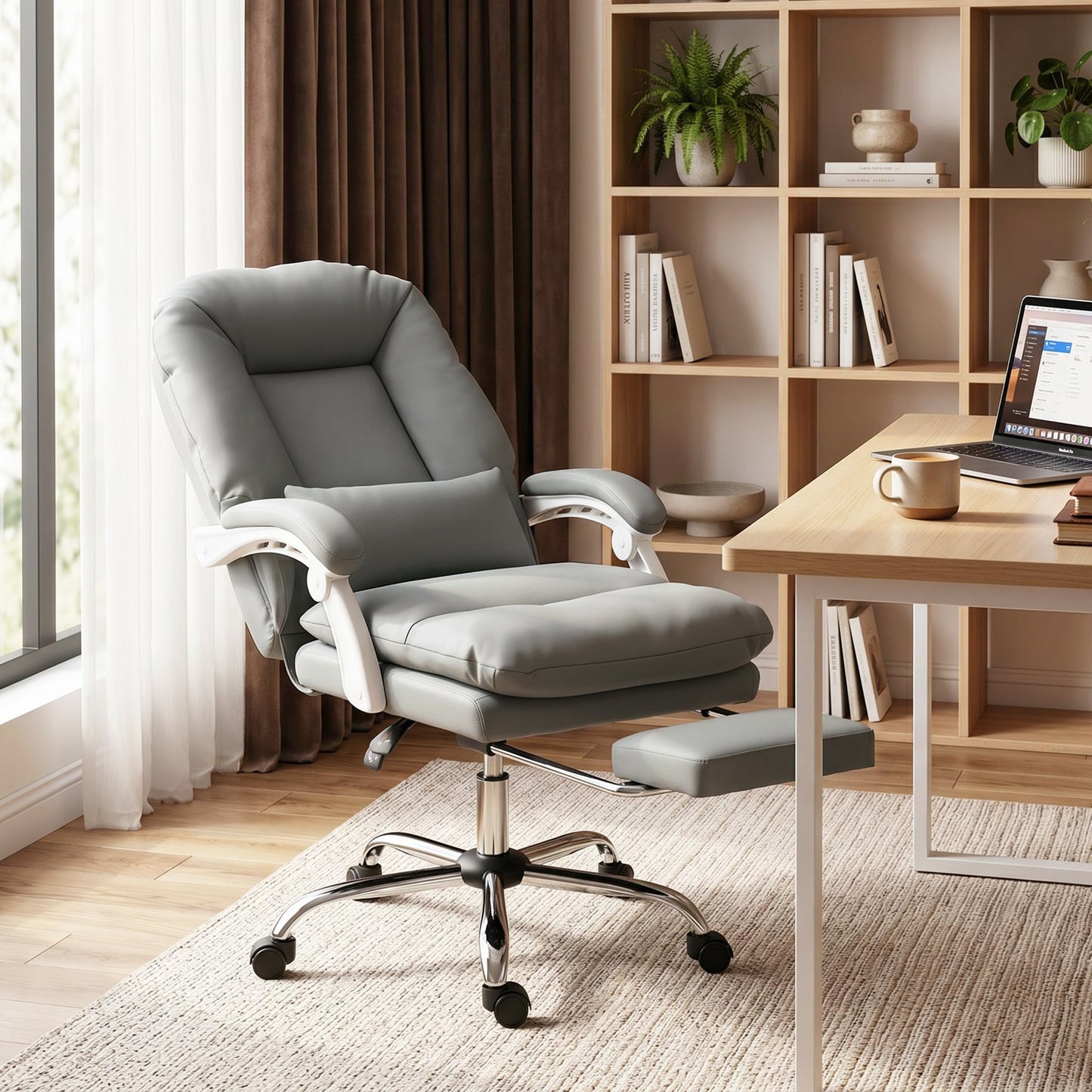 Ergonomic Executive Office Chair, Velvet Reclining Computer Desk Chair with Lumbar Support, Footrest, Plush Thick Cushion, 360° Swivel for Home Office, Grey