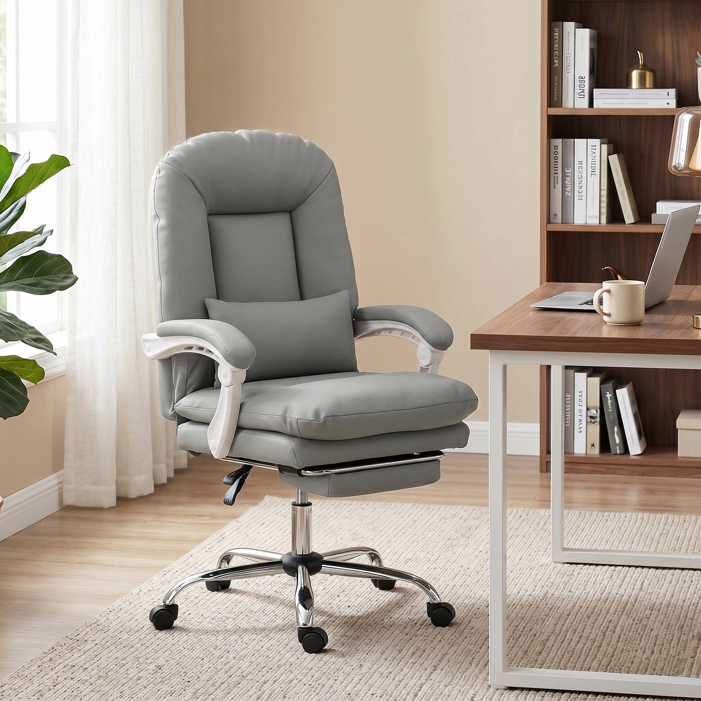 Ergonomic Executive Office Chair, Velvet Reclining Computer Desk Chair with Lumbar Support, Footrest, Plush Thick Cushion, 360° Swivel for Home Office, Grey