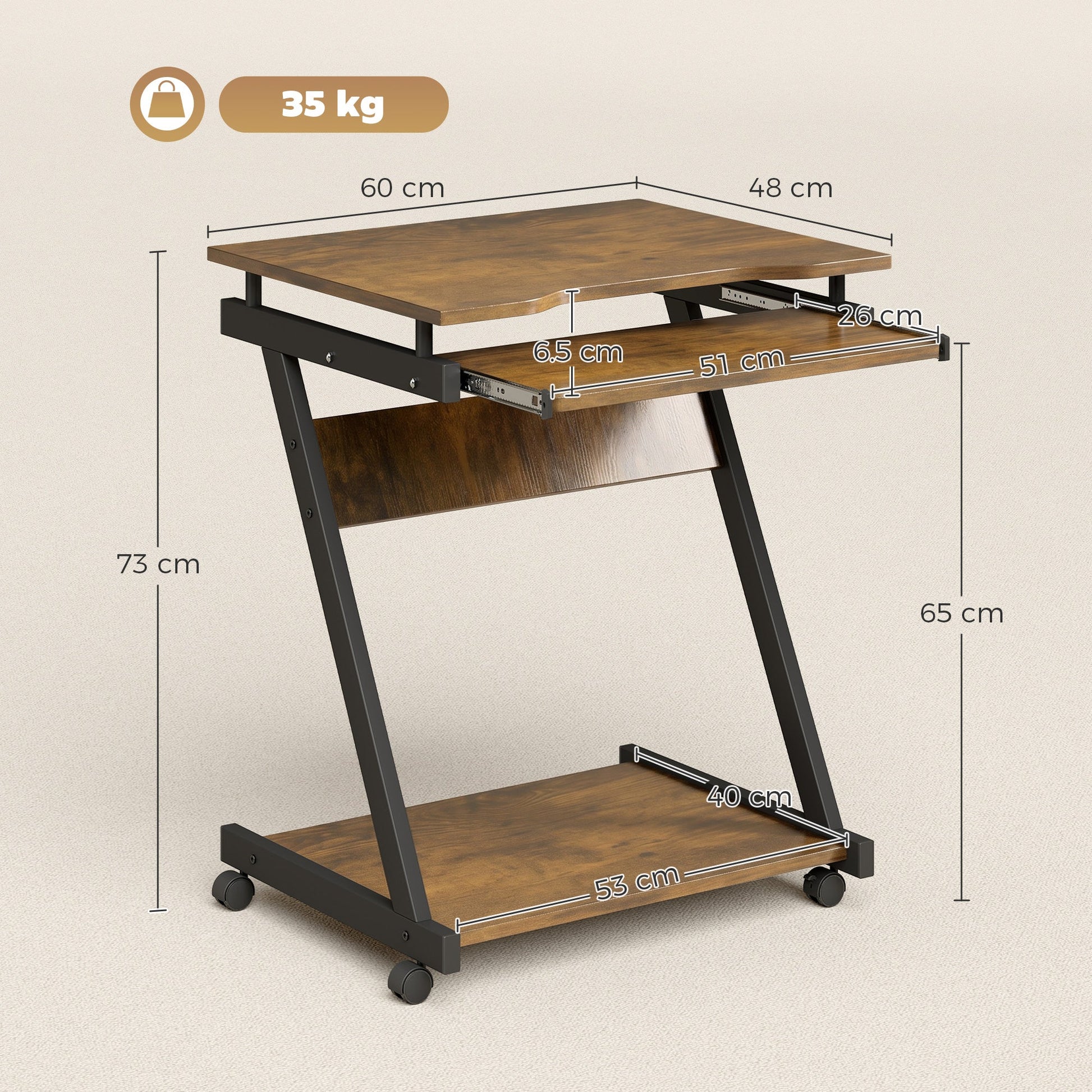 Movable Computer Desk with 4 Moving Wheels Sliding Keyboard Tray Home Office Workstation Rustic Brown