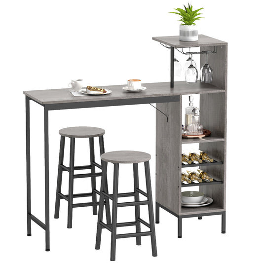 3 Pieces Dining Room Set, 6-Tier Dining Table with Storage Shelves, Wine Racks, Glass Holders, 2 Round Stools with Footrest, for Small Spaces, Kitchen, Dining Room, Natural Wood Finish