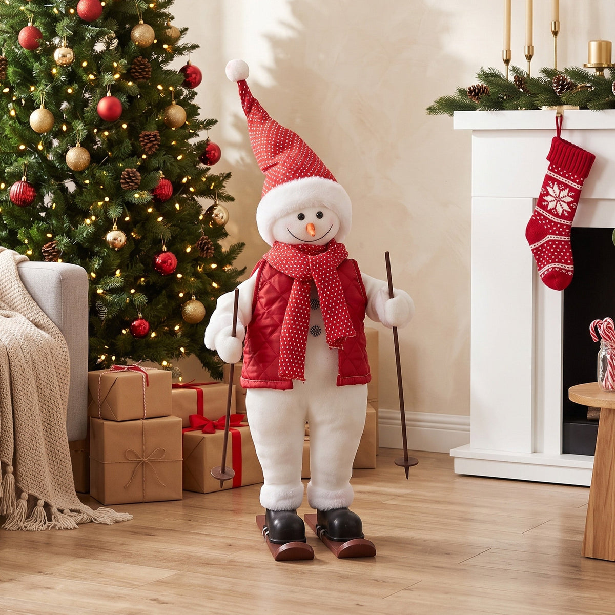 2ft Singing Skiing Santa Claus, 65 cm Standing Musical Animated Santa with Ski Board and Poles, Posable Arms, Handcrafted, Sound Touch Activated, Moving Christmas Figure Decoration