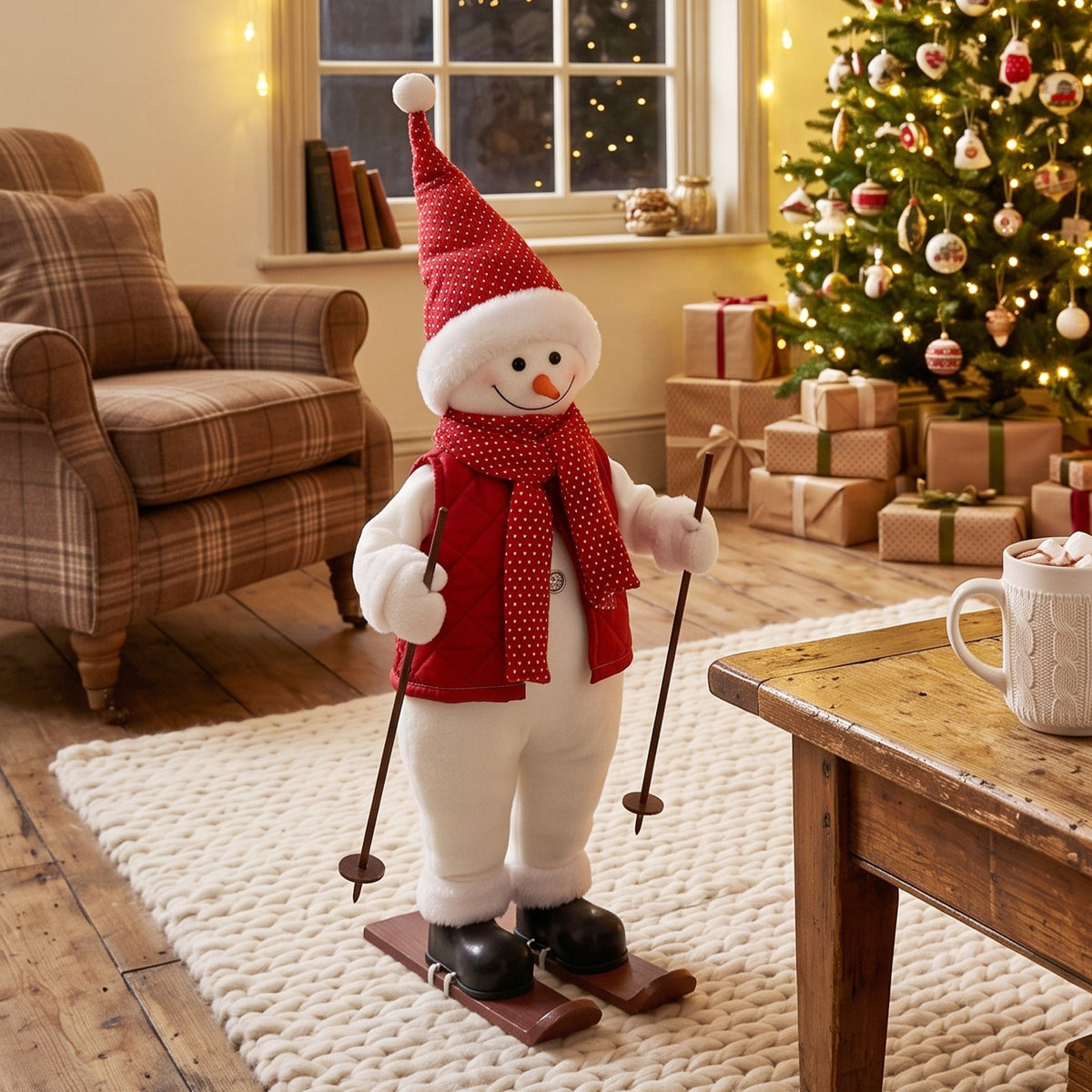 2ft Singing Skiing Santa Claus, 65 cm Standing Musical Animated Santa with Ski Board and Poles, Posable Arms, Handcrafted, Sound Touch Activated, Moving Christmas Figure Decoration