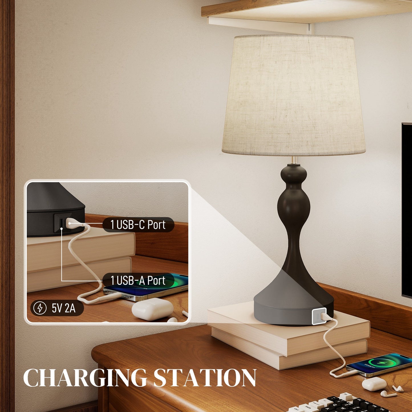 Dimmable Bedside Lamps Set of 2, Modern Table Lamps with 3 Colour Temperatures, USB A+C Charging Ports and Linen Shade for Living Room Bedroom Office, Black