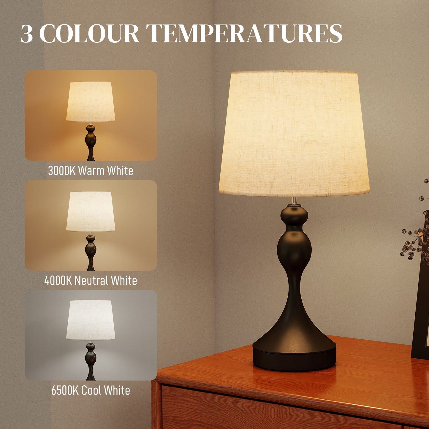 Dimmable Bedside Lamps Set of 2, Modern Table Lamps with 3 Colour Temperatures, USB A+C Charging Ports and Linen Shade for Living Room Bedroom Office, Black