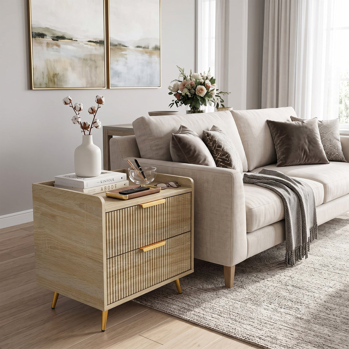 Bedside Table, Bedside Cabinet with 2 Drawers, Side End Table with Metal Legs for Bedroom Living Room, Natural Wood Finish