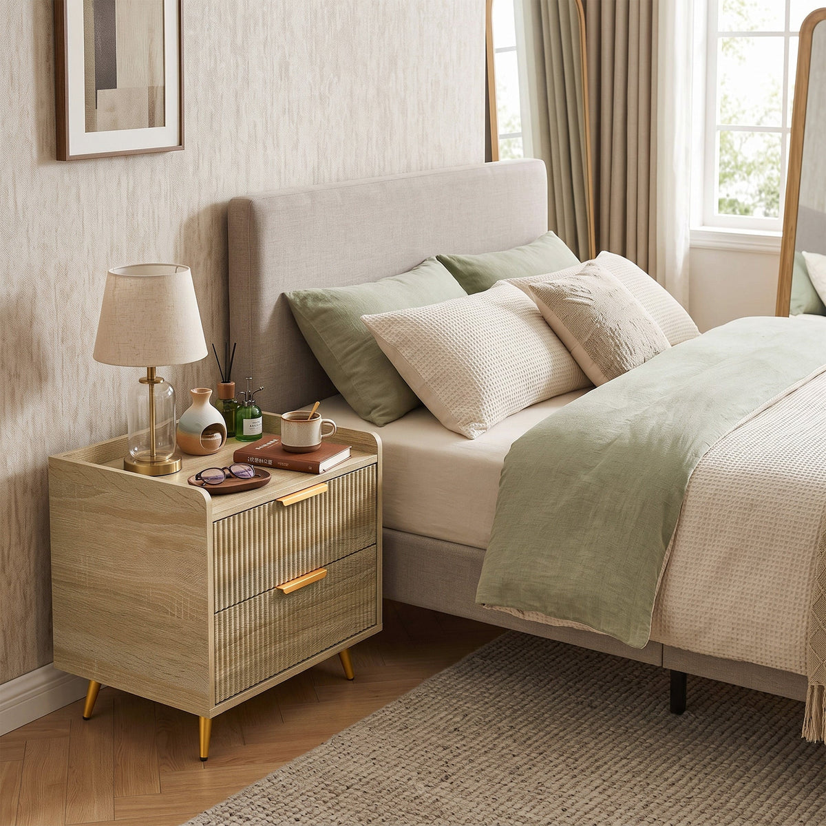 Bedside Table, Bedside Cabinet with 2 Drawers, Side End Table with Metal Legs for Bedroom Living Room, Natural Wood Finish