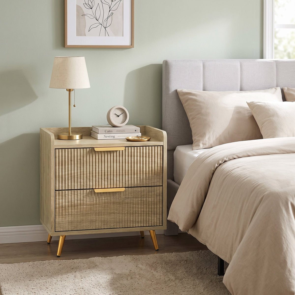 Bedside Table, Bedside Cabinet with 2 Drawers, Side End Table with Metal Legs for Bedroom Living Room, Natural Wood Finish