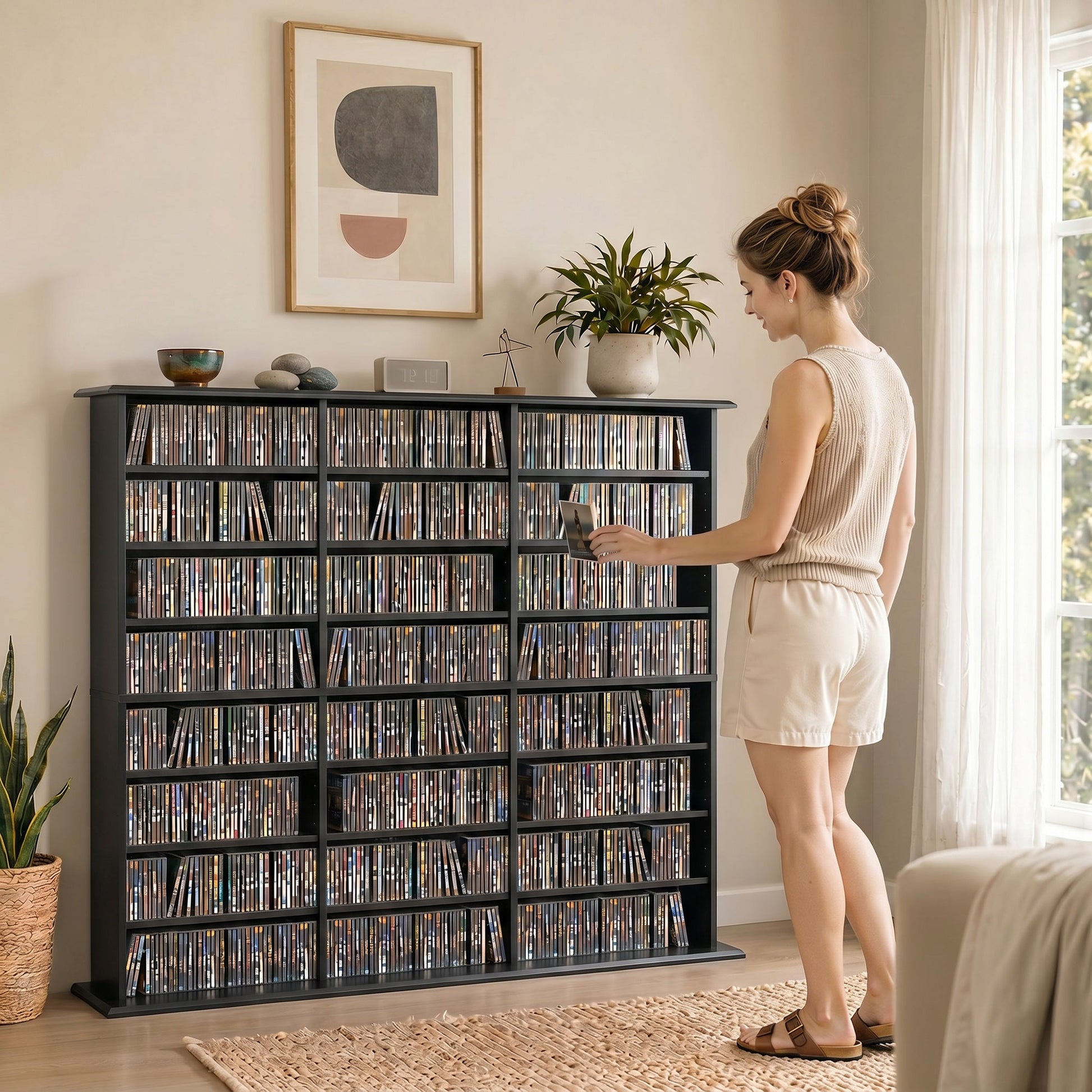 1032 CD/594 DVD Storage Unit, Blu-ray Media Storage Shelf with 24 Compartments and 18 Adjustable Shelves, CD Tower for Living Room, Bedroom, Office, Black