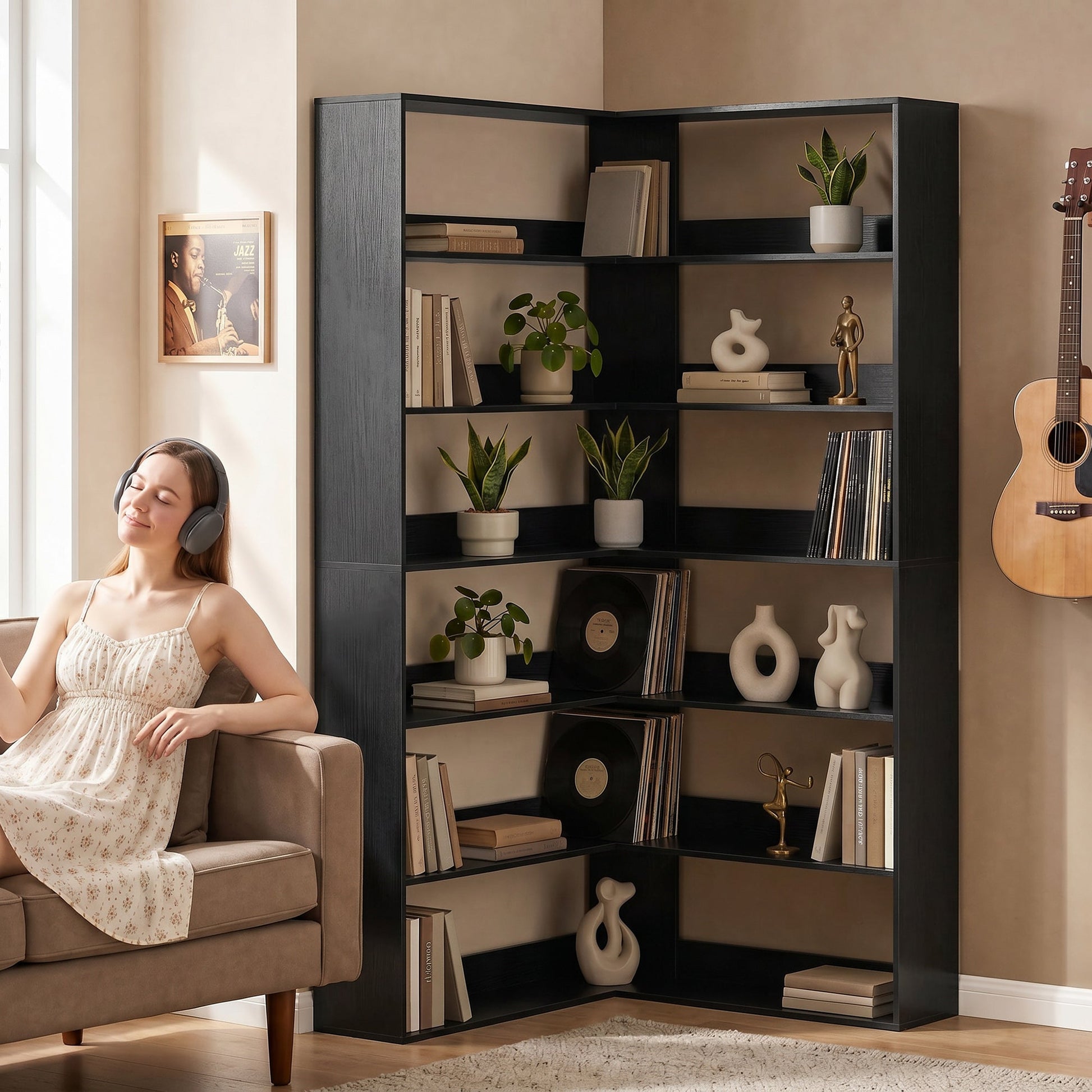 7 Tiers Corner Bookshelf, L-Shaped Bookcase with Anti-Slip Rear Guard, Storage Shelves for Living Room, Bedroom and Home Office, 90W x 90D x 180H cm, Black Wood Effect