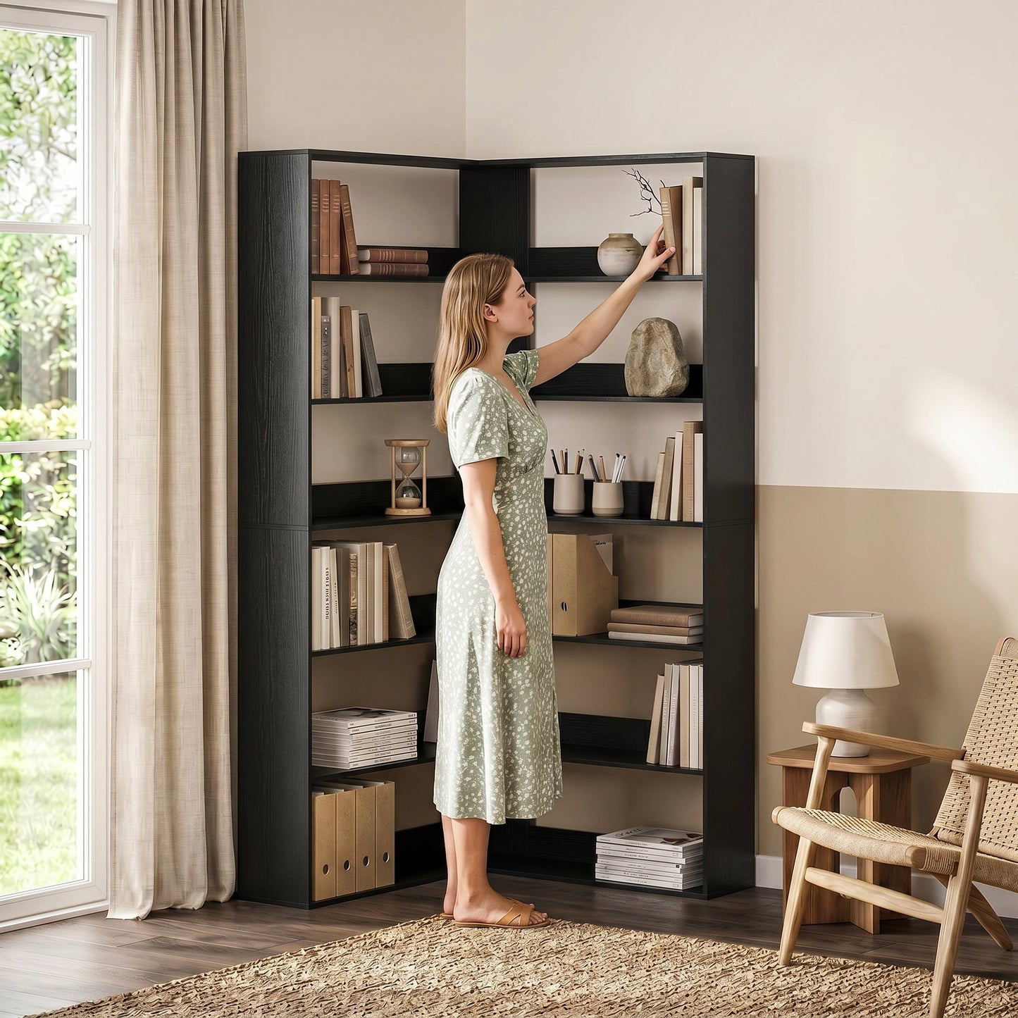 7 Tiers Corner Bookshelf, L-Shaped Bookcase with Anti-Slip Rear Guard, Storage Shelves for Living Room, Bedroom and Home Office, 90W x 90D x 180H cm, Black Wood Effect