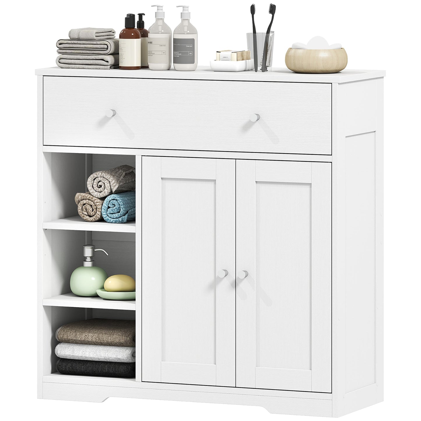 Bathroom Floor Cabinet, Freestanding Bathroom Cabinet with Drawer, Door, Open Shelves, for Bathroom, Bedroom and Living Room, White