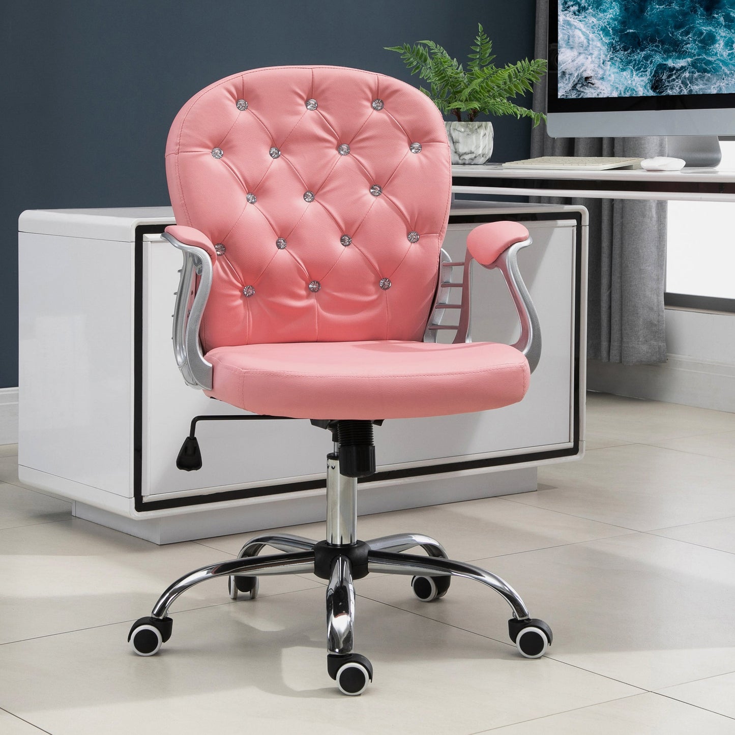 Vinsetto Office Chair, Swivel Desk Chair, PU Vanity Chair with Adjustable Height and Rolling Wheels for Home Work Study, Pink