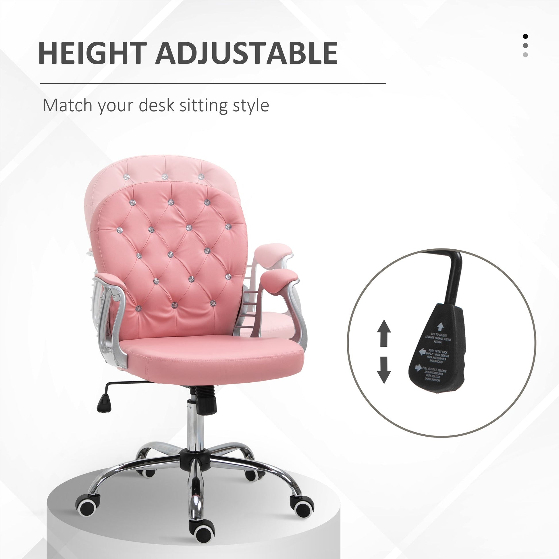Vinsetto Office Chair, Swivel Desk Chair, PU Vanity Chair with Adjustable Height and Rolling Wheels for Home Work Study, Pink