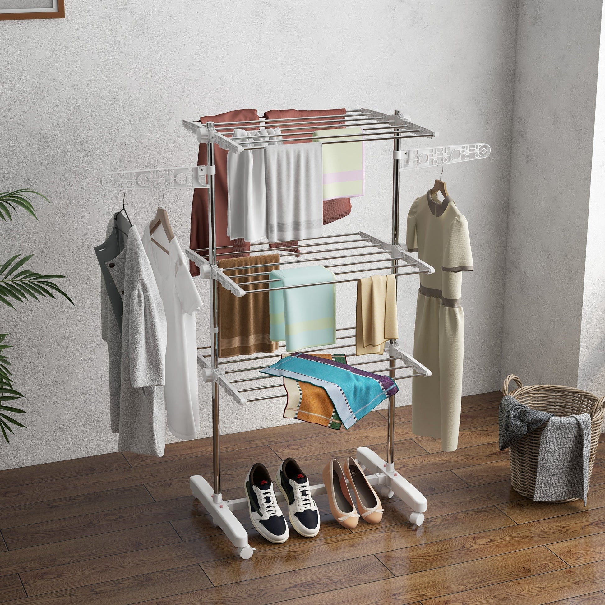 HOMCOM 3-Tier Clothes Airer, Foldable Clothes Drying Rack, Stainless Steel Indoor and Outdoor Clothes Dryer with Wheels and Wings, Easy Assembly, 142 x 55 x 152cm, White