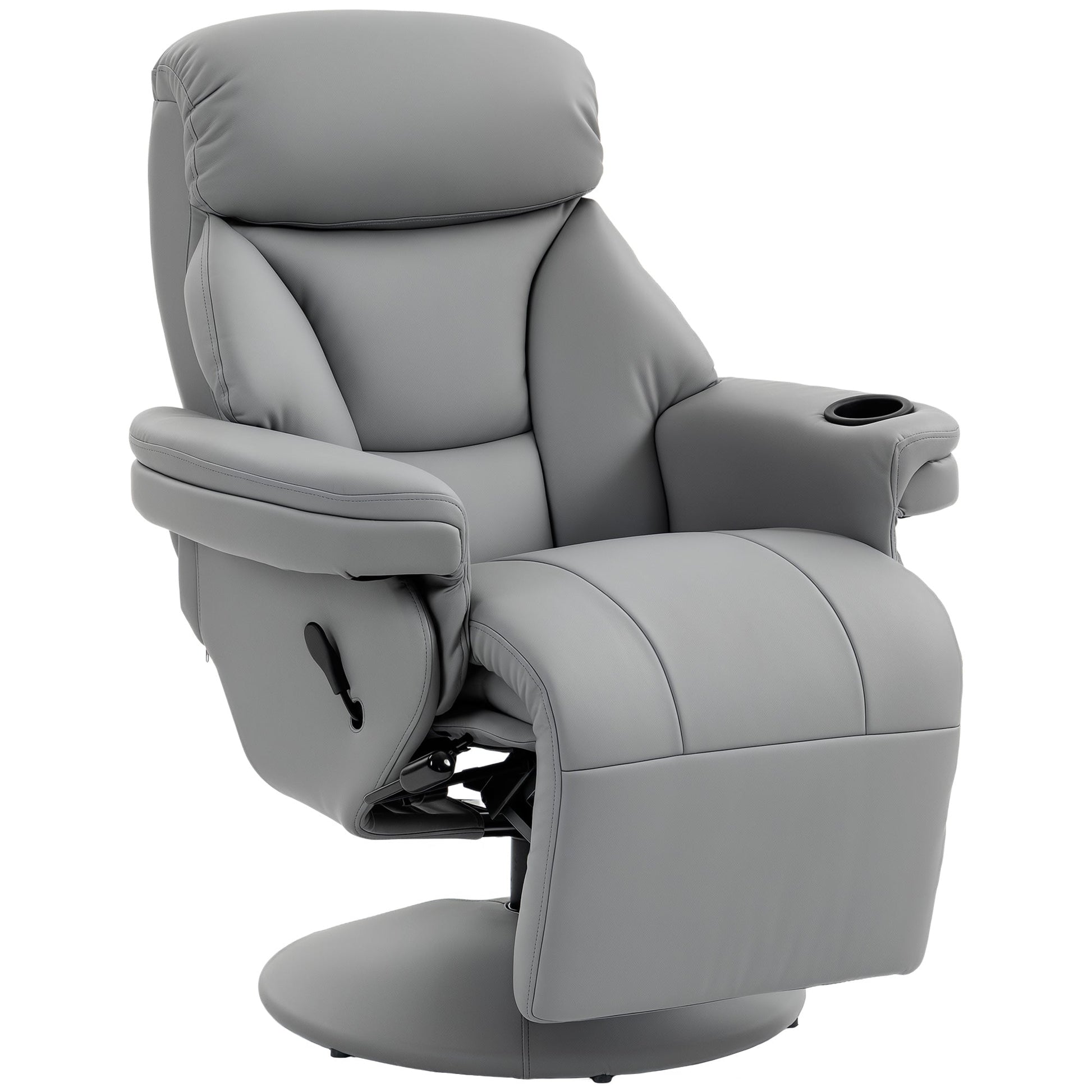 Manual Recliner Chair with Footrest, Upholstered Reclining Armchair with Adjustable Backrest and Cup Holder, PU Leather Swivel Chair for Living Room, Bedroom, Grey