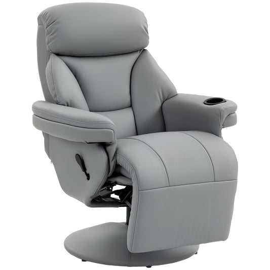 Manual Recliner Chair with Footrest, Upholstered Reclining Armchair with Adjustable Backrest and Cup Holder, PU Leather Swivel Chair for Living Room, Bedroom, Grey
