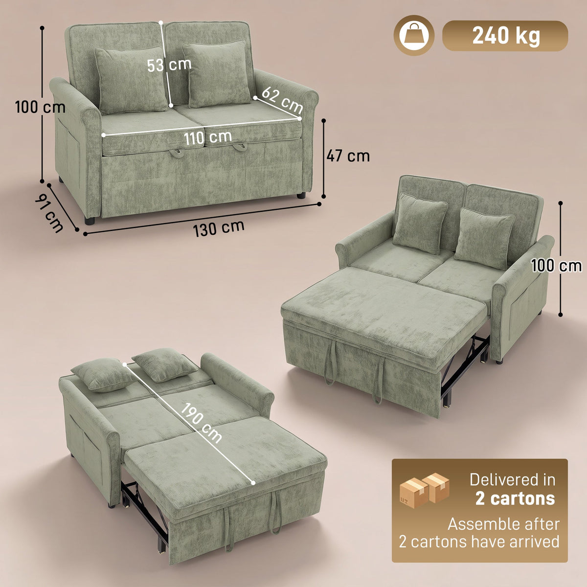 2 Seater Sofa Bed, 3-in-1 Convertible Pull Out Double Sleeper Sofa 190 x 130 cm, 5-Position Adjustable Backrest, Chenille Loveseat Bed Settee for Living Room, Bedroom, Guest Room, Light Green