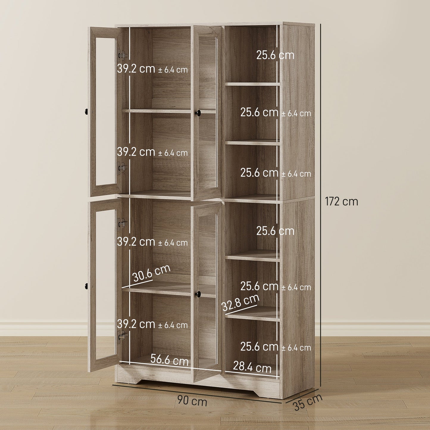 172 cm Tall Kitchen Cupboard, Pantry Storage Cabinet with Tempered Glass Doors and Soft-Close Hinges, Freestanding Kitchen Cabinet with Adjustable Shelves and 6 Open Shelves, Light Grey