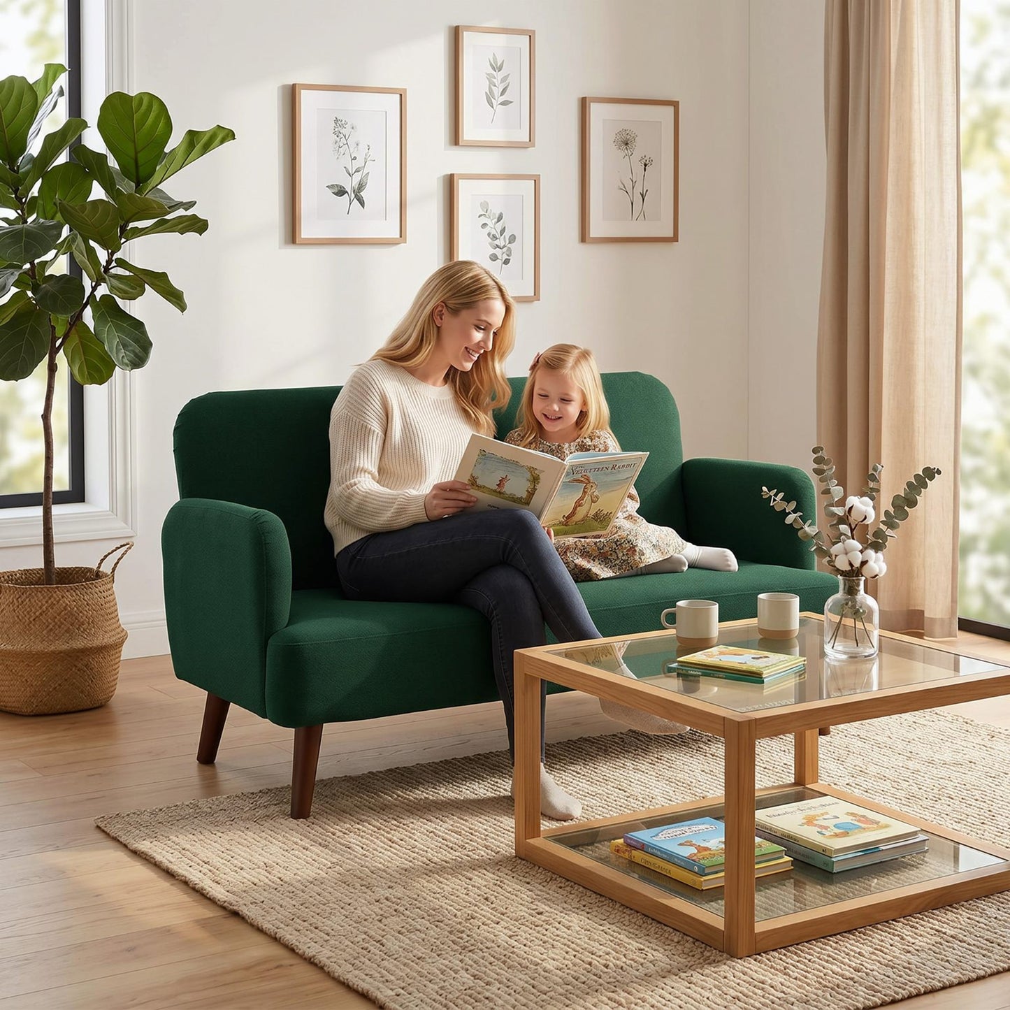 2 Seater Sofa, Small Sofa with 21cm Thick Padding and Wood Legs, Modern Velvet Feel Fabric Loveseat for Living Room, Bedroom, Home Office, Dark Green